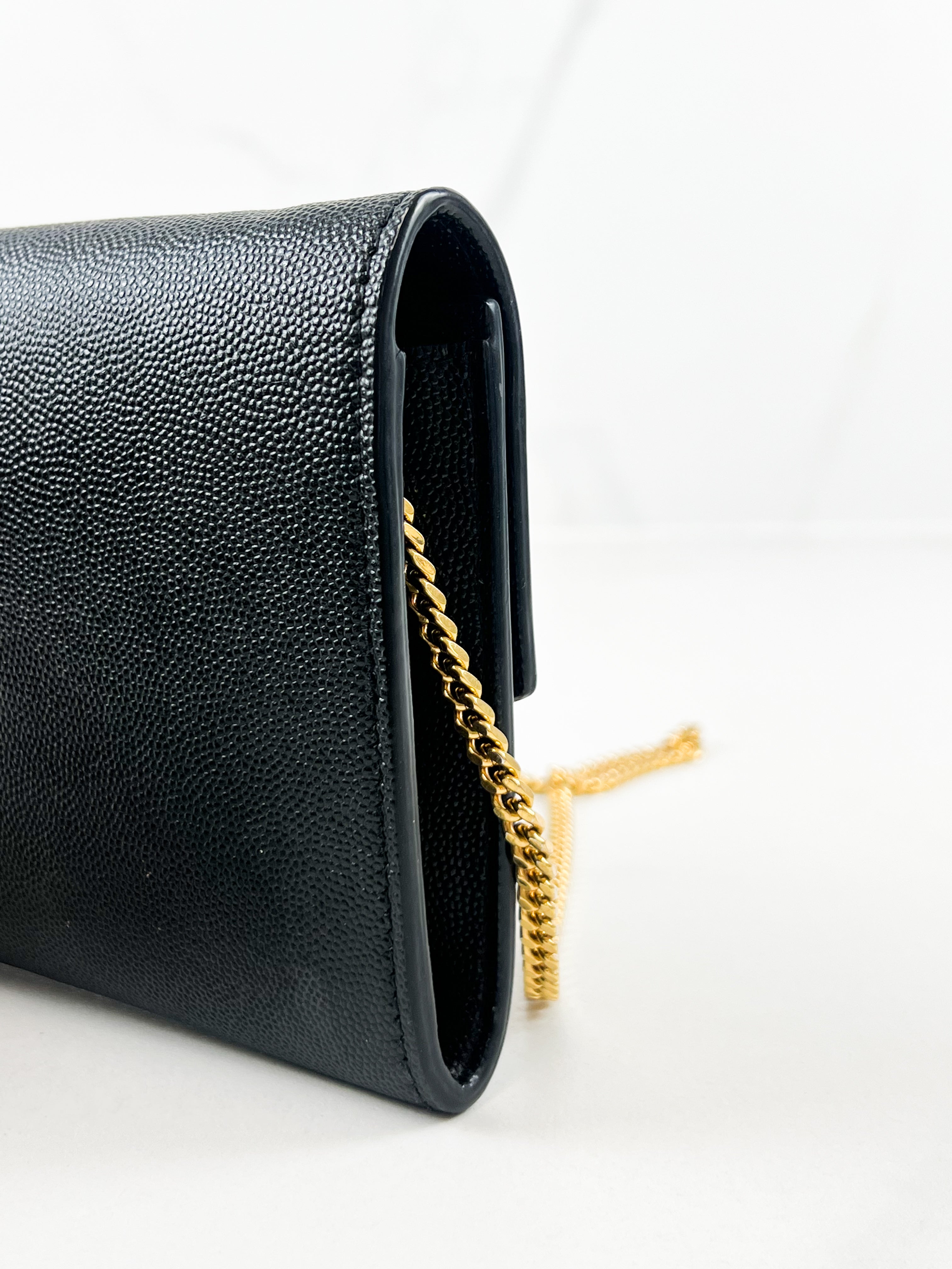 Saint Laurent Black Grained Leather Envelope Wallet on Chain with GHW