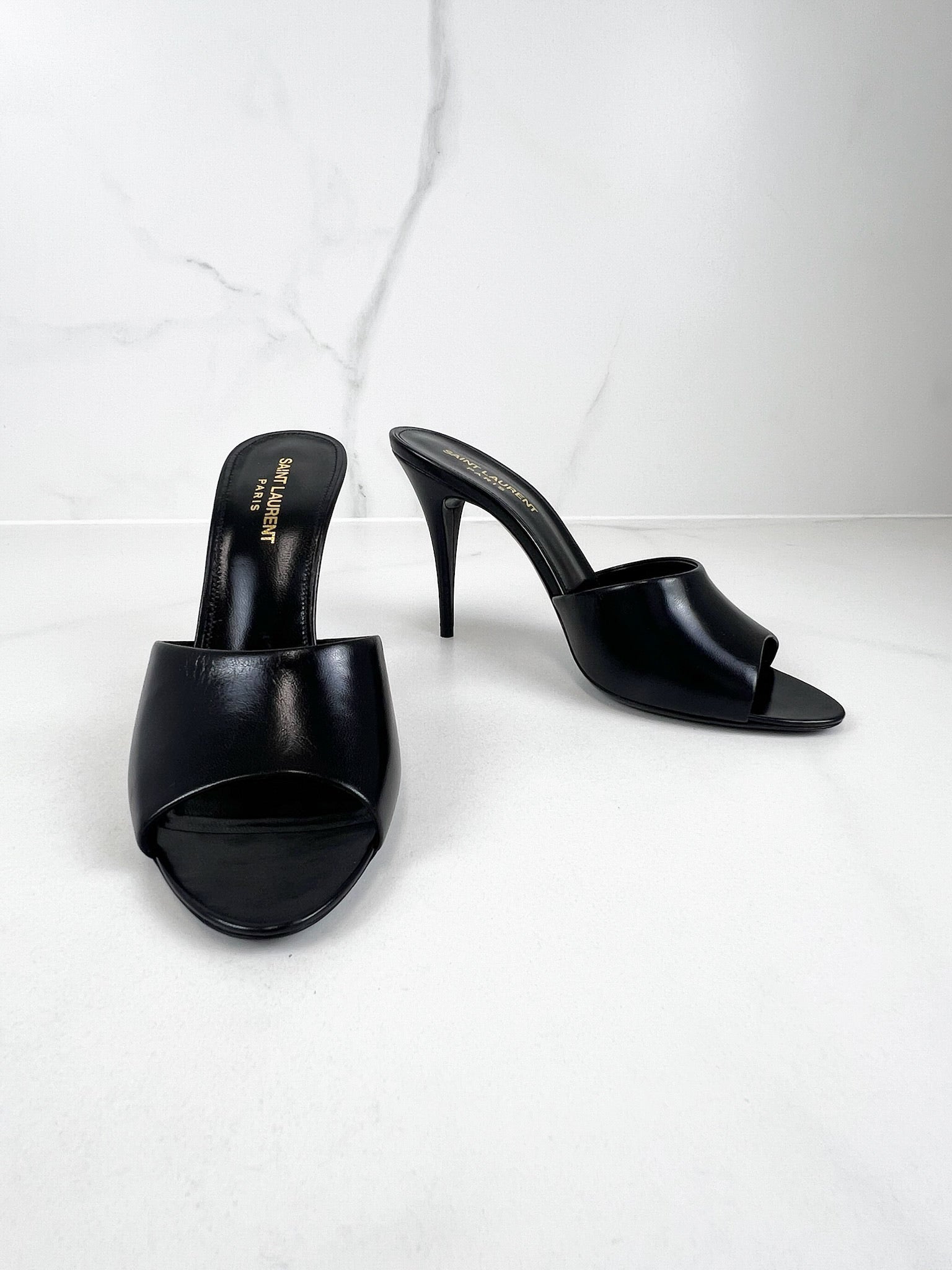Saint Laurent Black Leather Belfagor Open Toe Slide Sandals Size 38