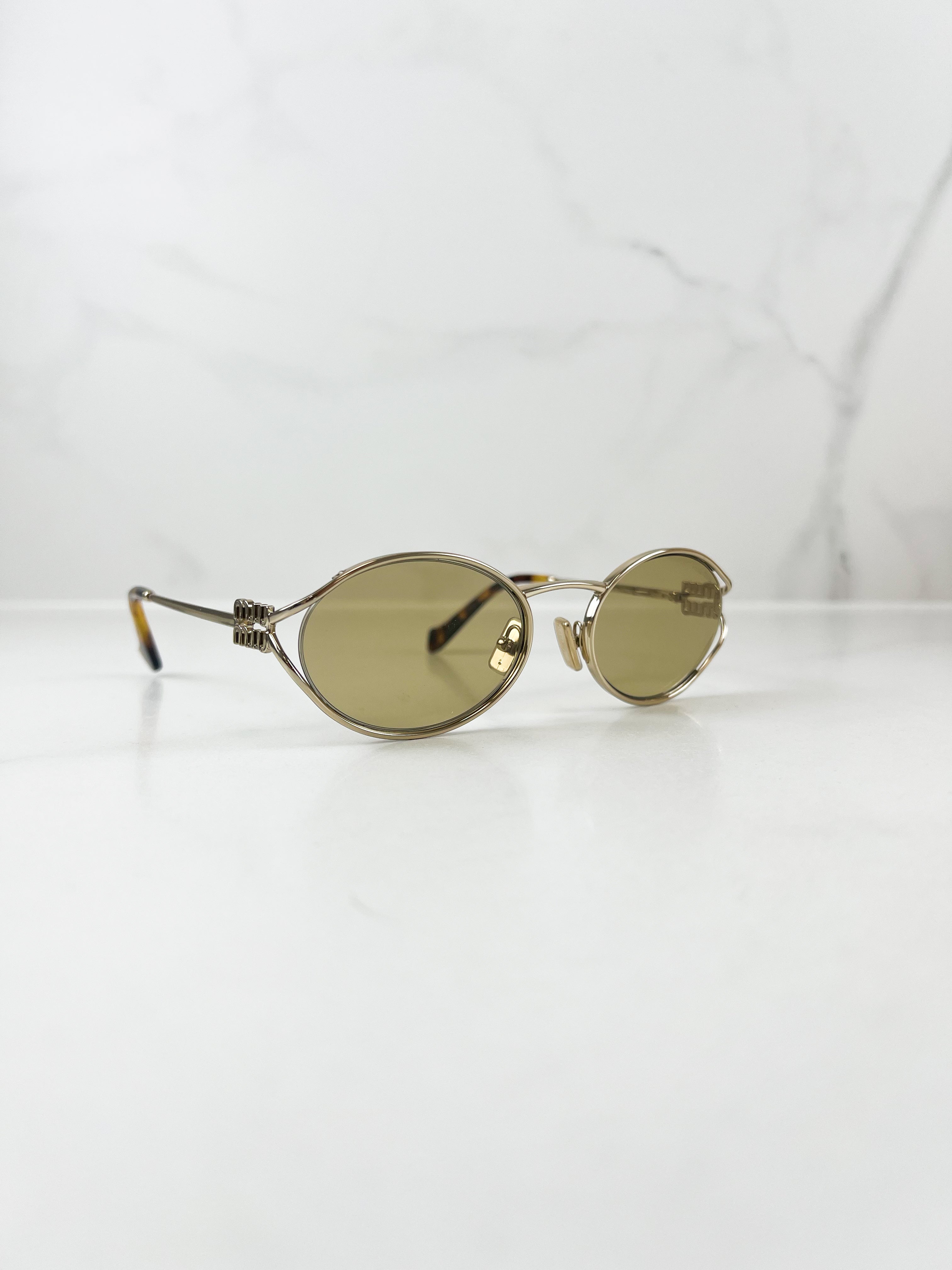 Miu Miu Gold & Brown Oval Runway Sunglasses