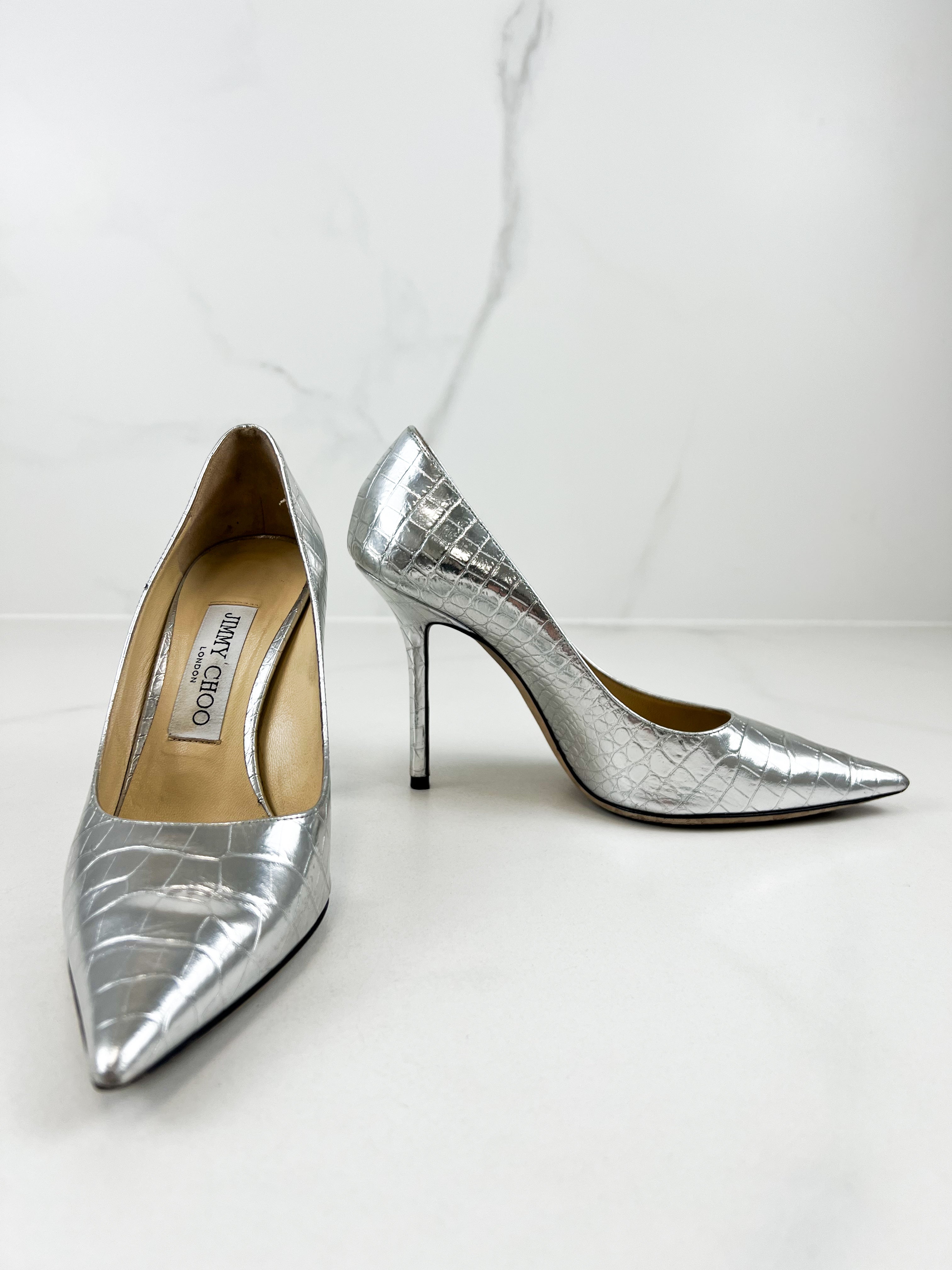 Jimmy Choo Metallic Croc Embossed Leather Pump Size 36.5