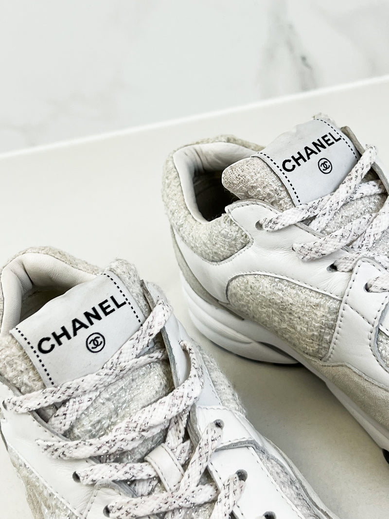 Chanel CC Tweed White/Silver Iridescent Sneaker Size 40