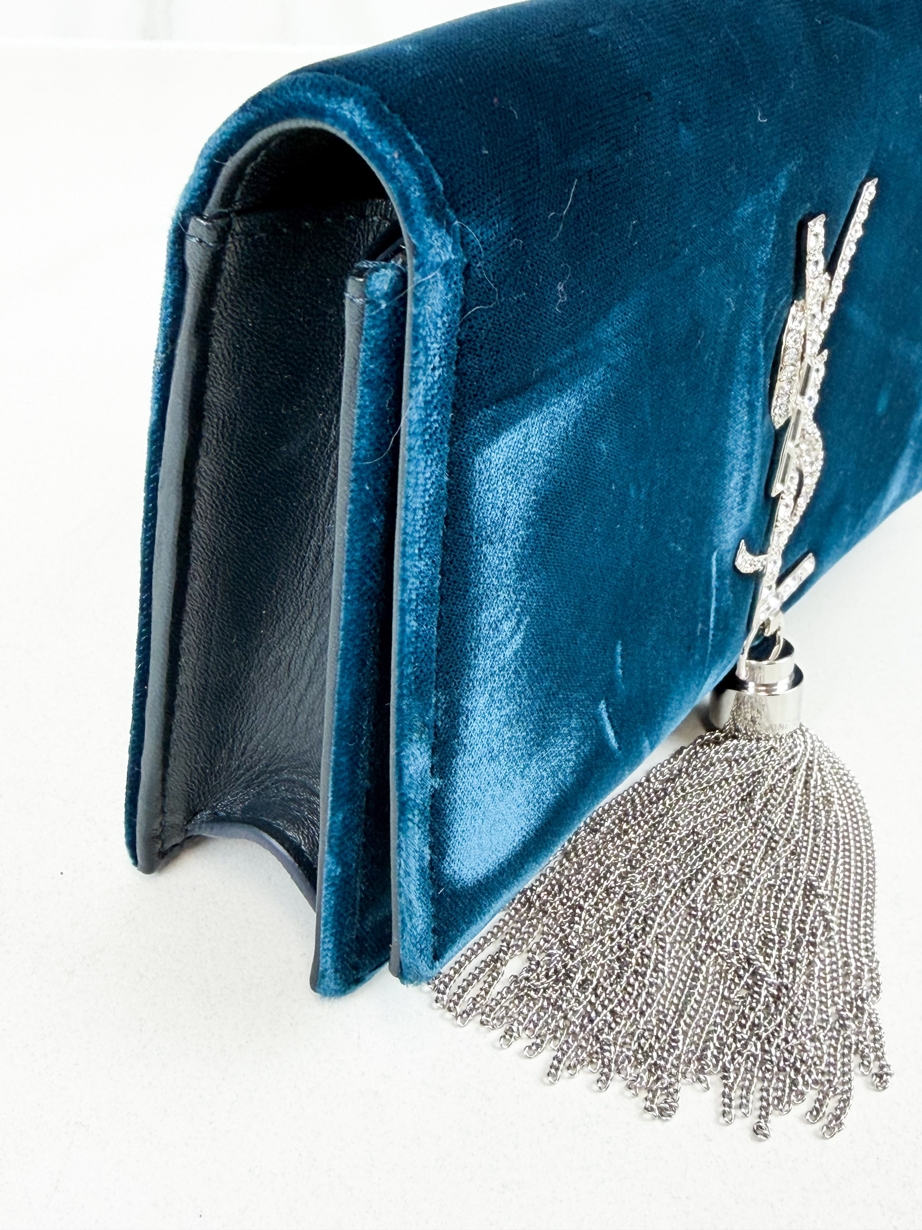 Saint Laurent Velvet Crystal Monogram Kate Tassel Chain Wallet in Blue