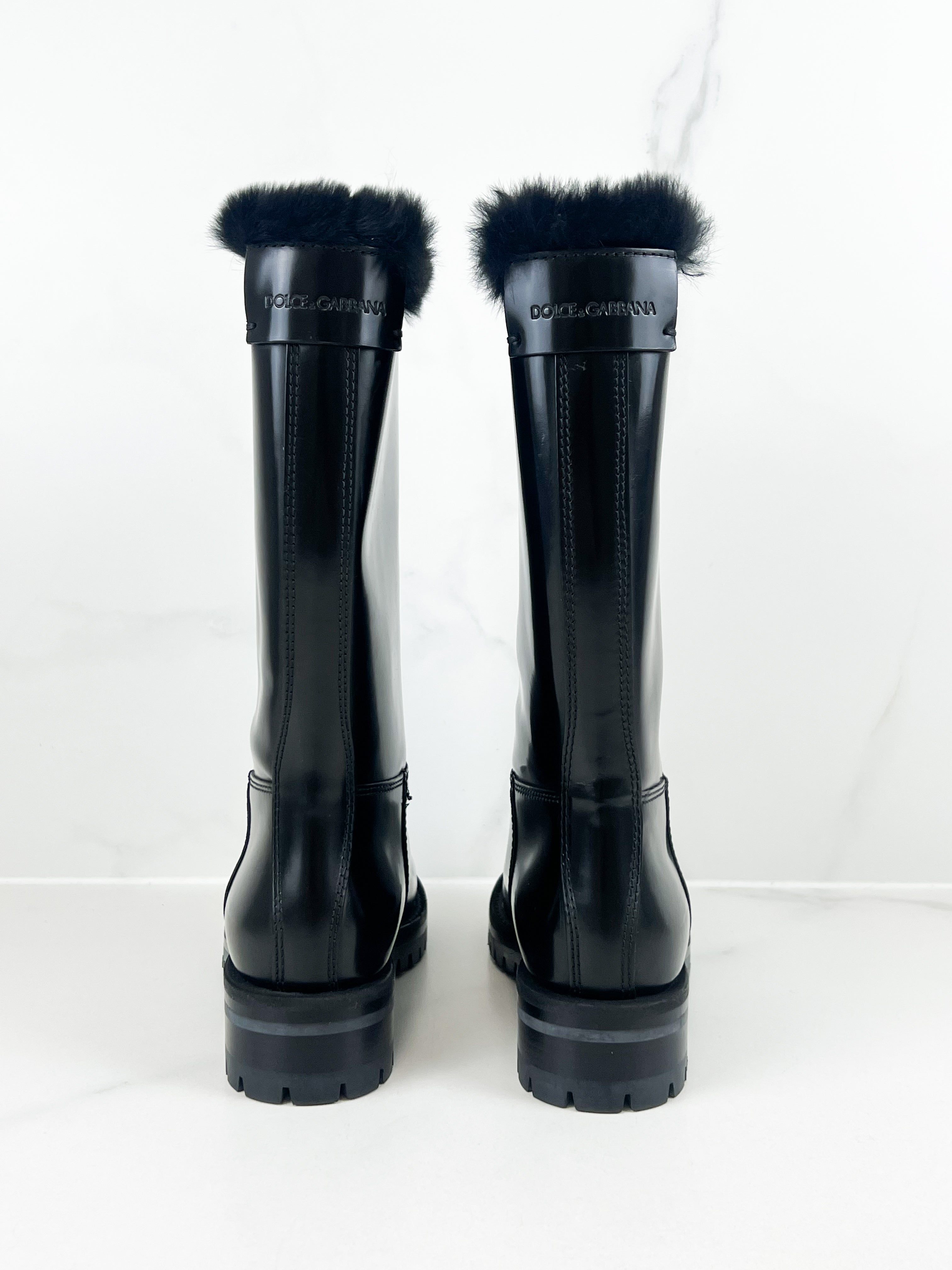 Dolce & Gabbana Black Shiny Leather Boots with Fur detail