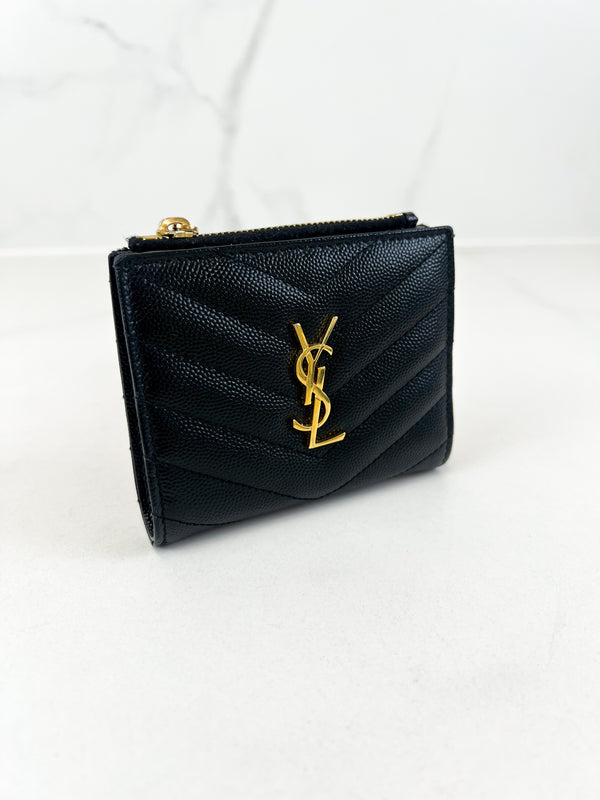 Saint Laurent Cassandre Matelasse Bi-fold Wallet in Grain De Poudre Embossed Leather