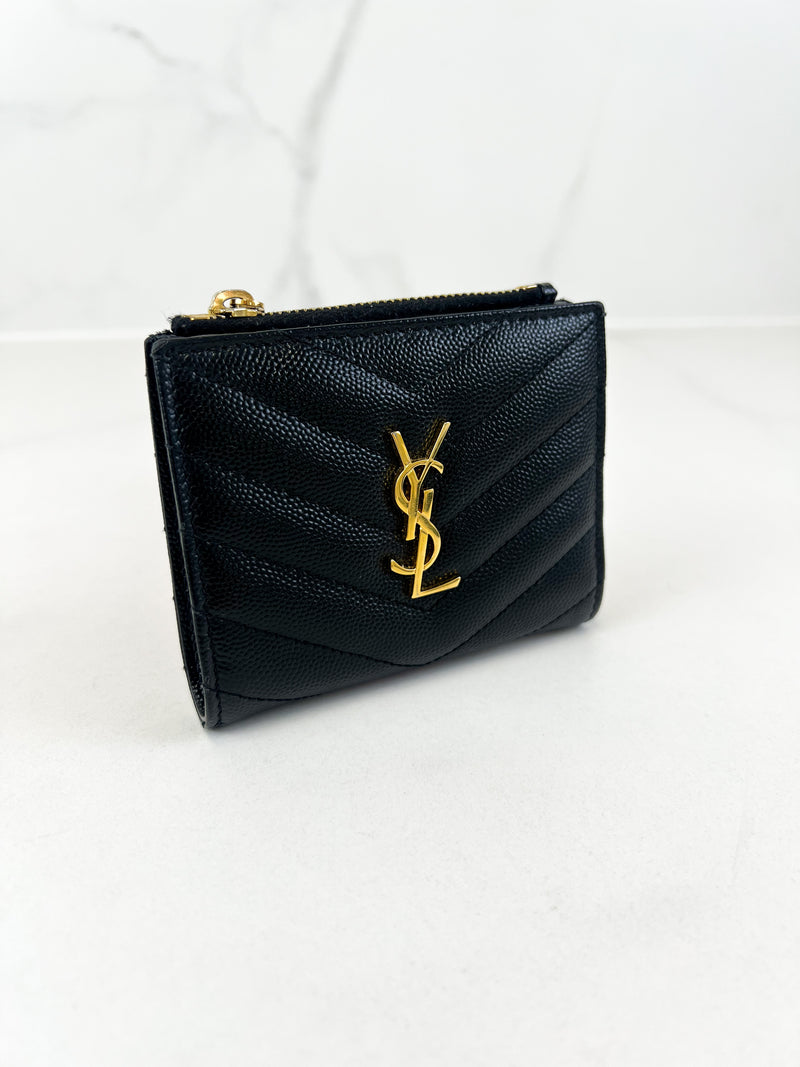 Saint Laurent Cassandre Matelasse Bi-fold Wallet in Grain De Poudre Embossed Leather