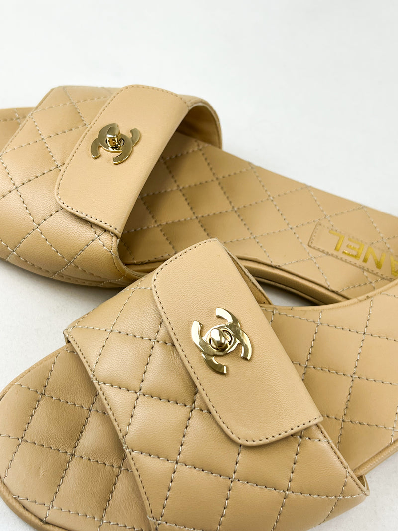Chanel Beige Quilted Leather Slides Size 41