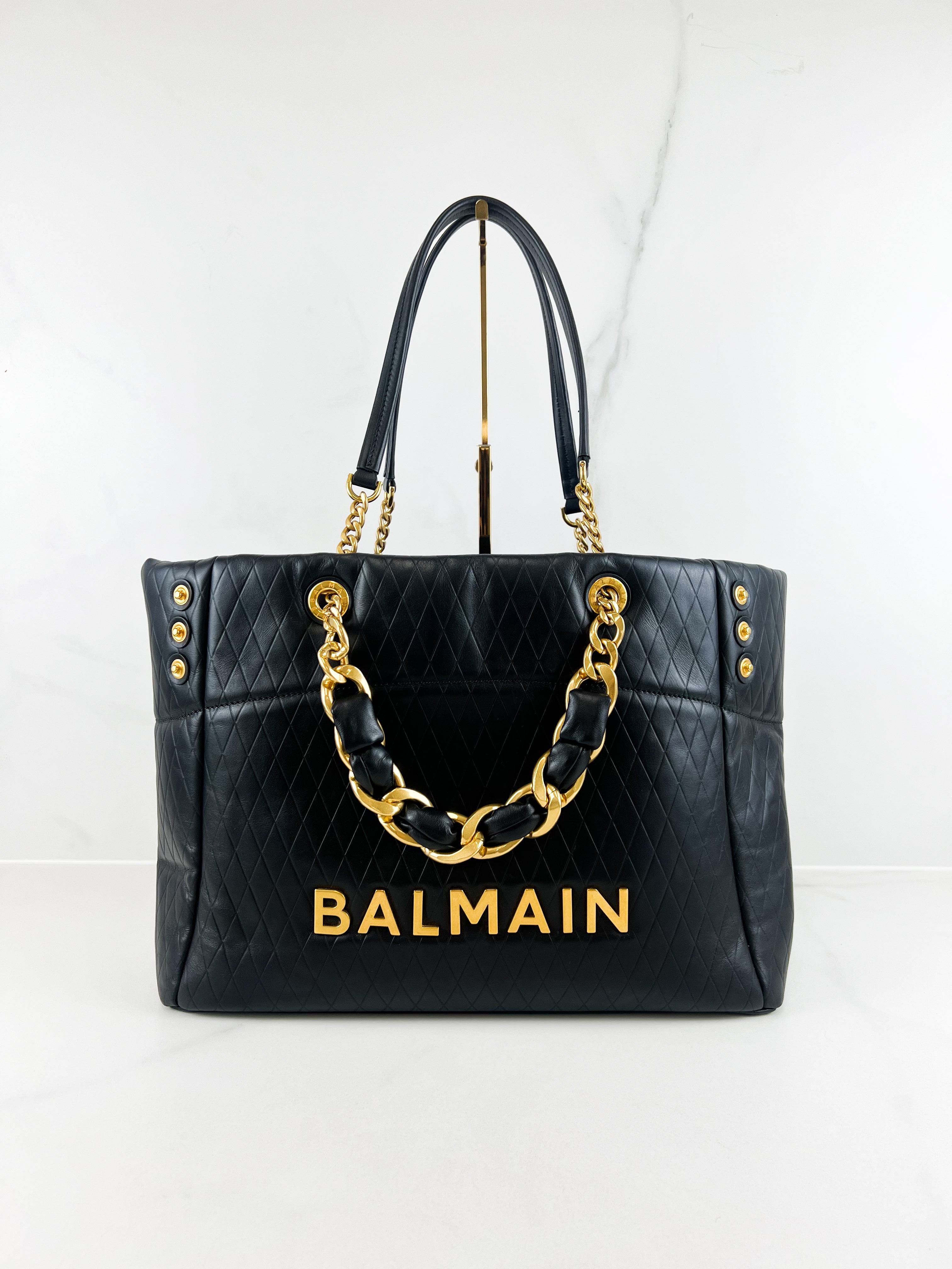 Balmain Soft Leather Tote Bag in Black Calf Leather with Gold-Tone Hardware