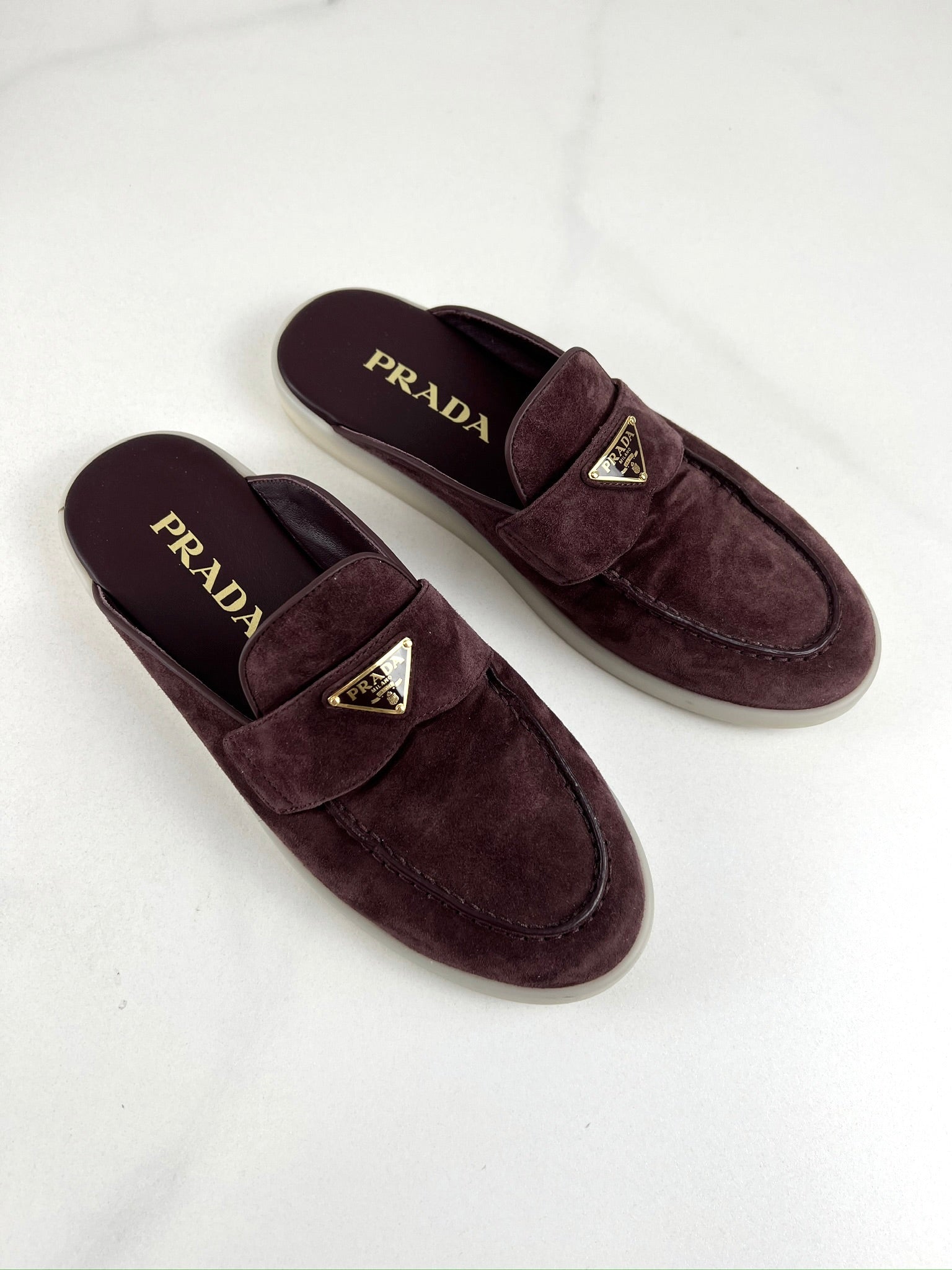 Prada Burgundy Suede Logo Mules Size 38