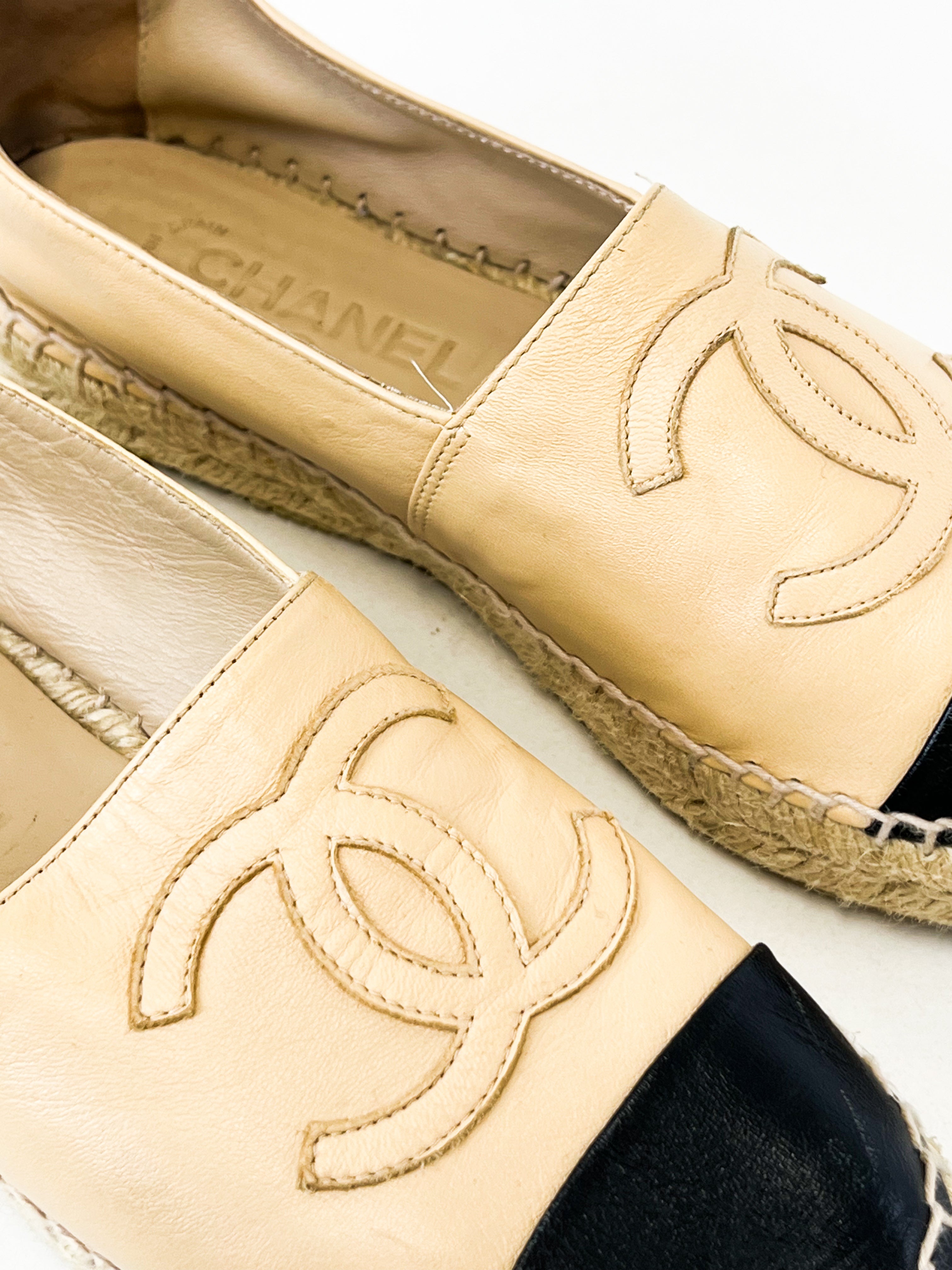 Chanel CC Logo Black & Beige Leather Espadrilles Size 38