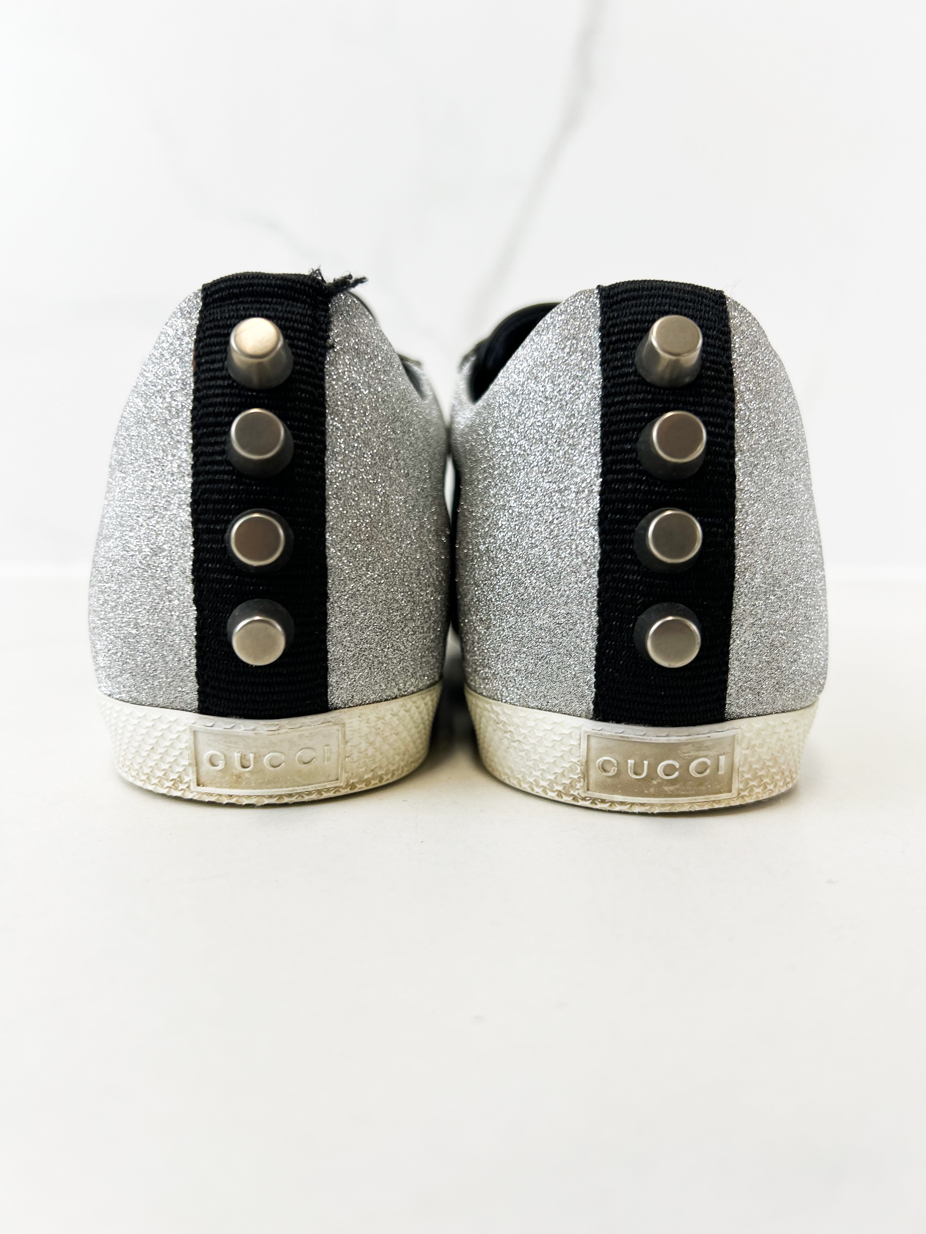 Gucci Bambi Silver Glitter GG Web Sneaker Size 37.5