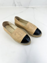 Chanel CC Logo Black & Beige Leather Espadrilles Size 38