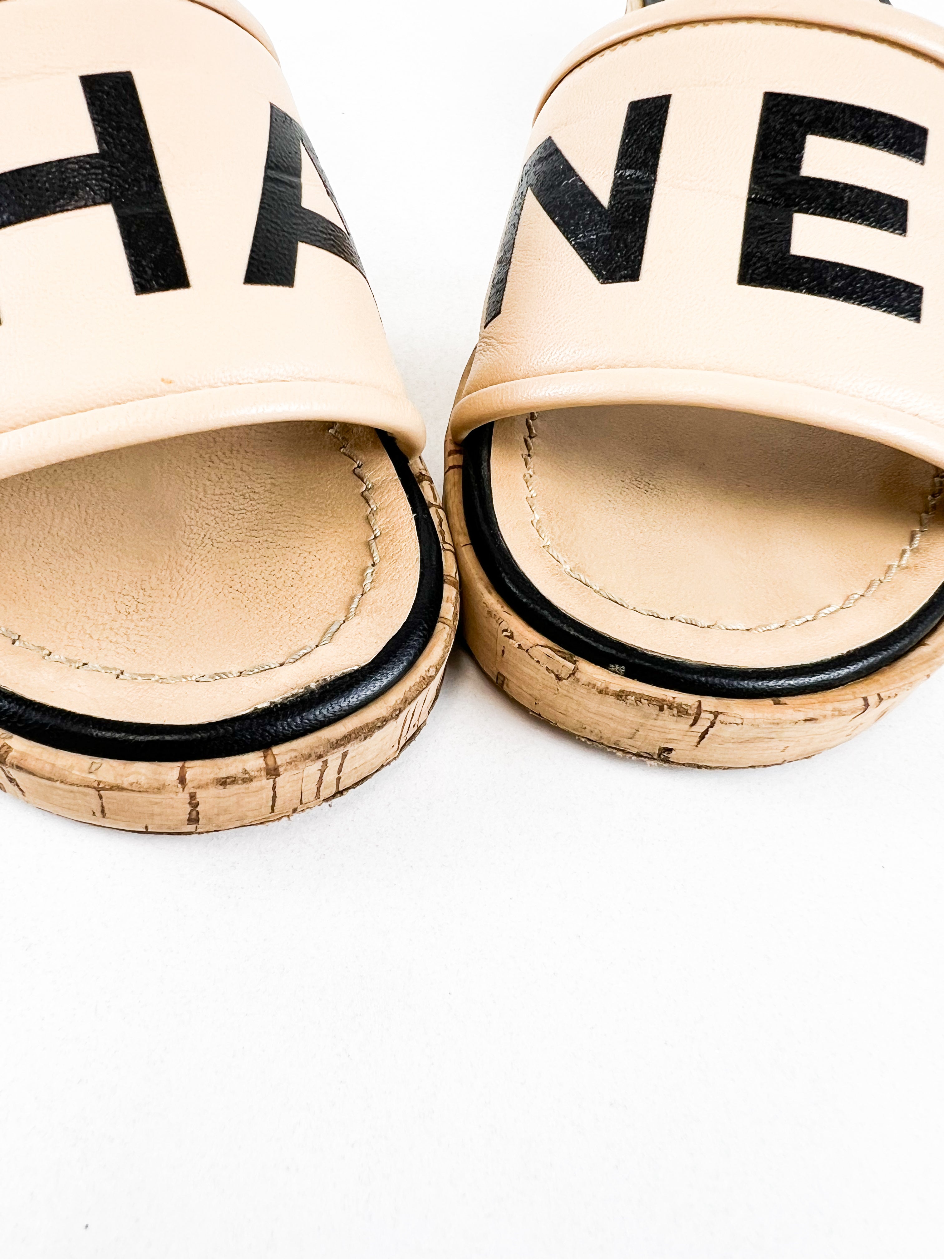 Chanel Beige Leather CC Cork Slide Sandal Size 36