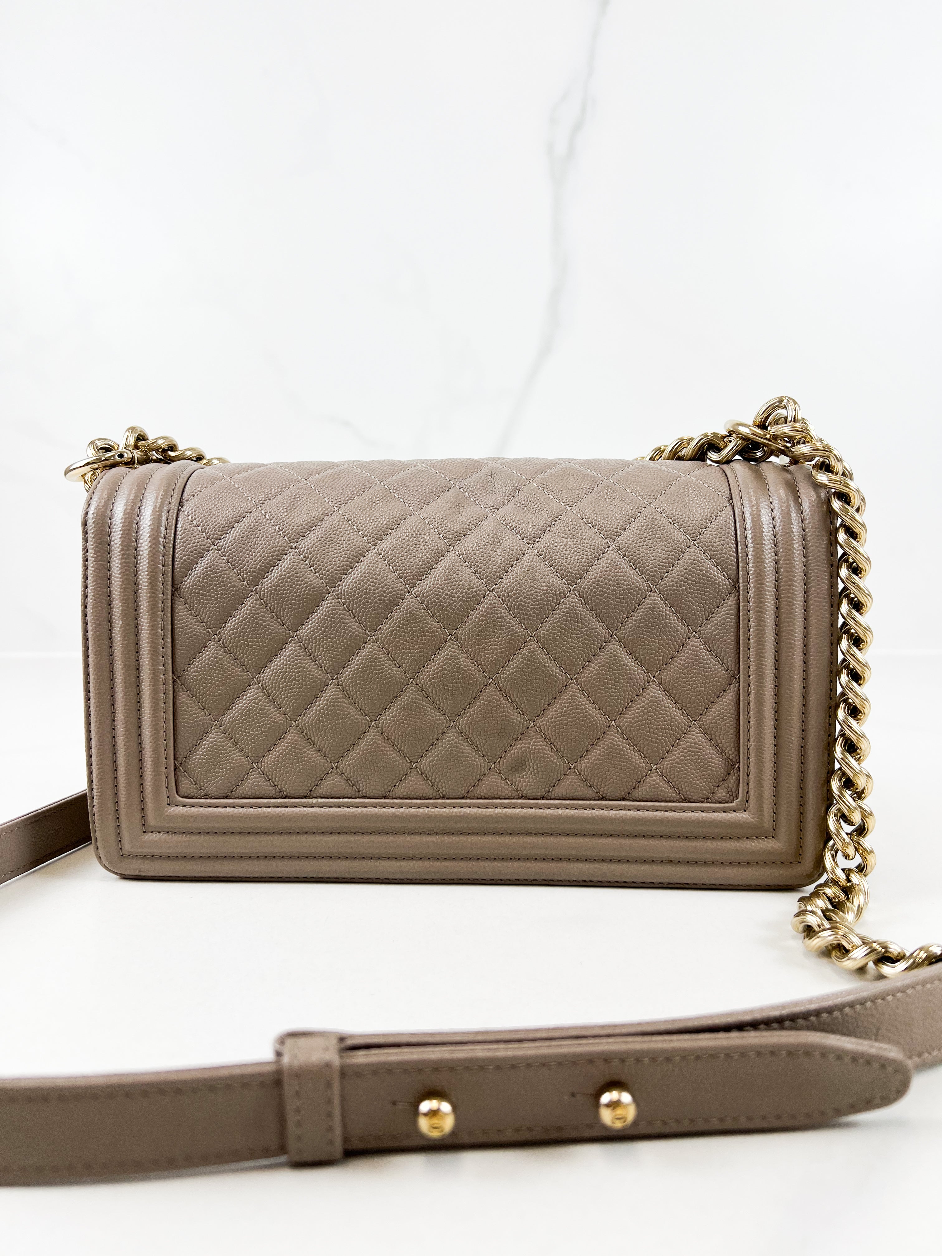 Chanel Beige Old Medium Quilted Caviar Leather Boy Bag GHW
