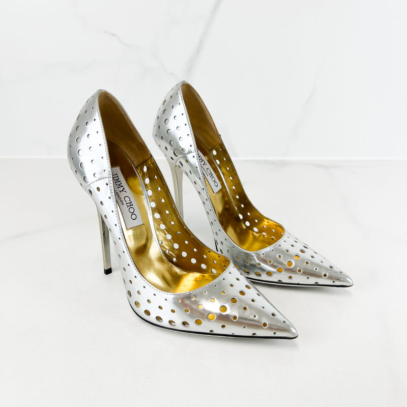 Jimmy Choo Silver Mirror Perforated Pump Size 38