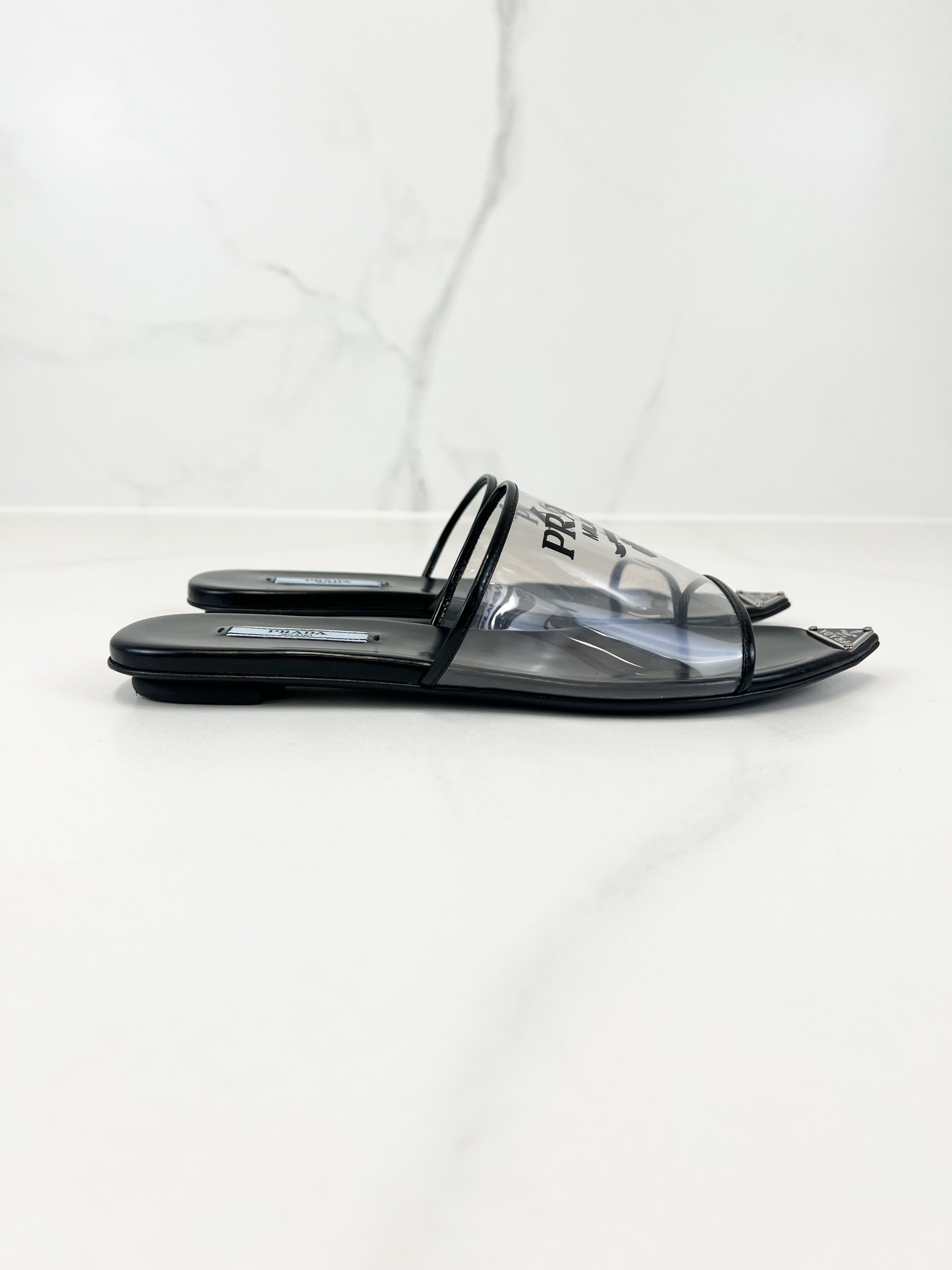 Prada Logo Print Plexiglass Flat Mule Size 37.5