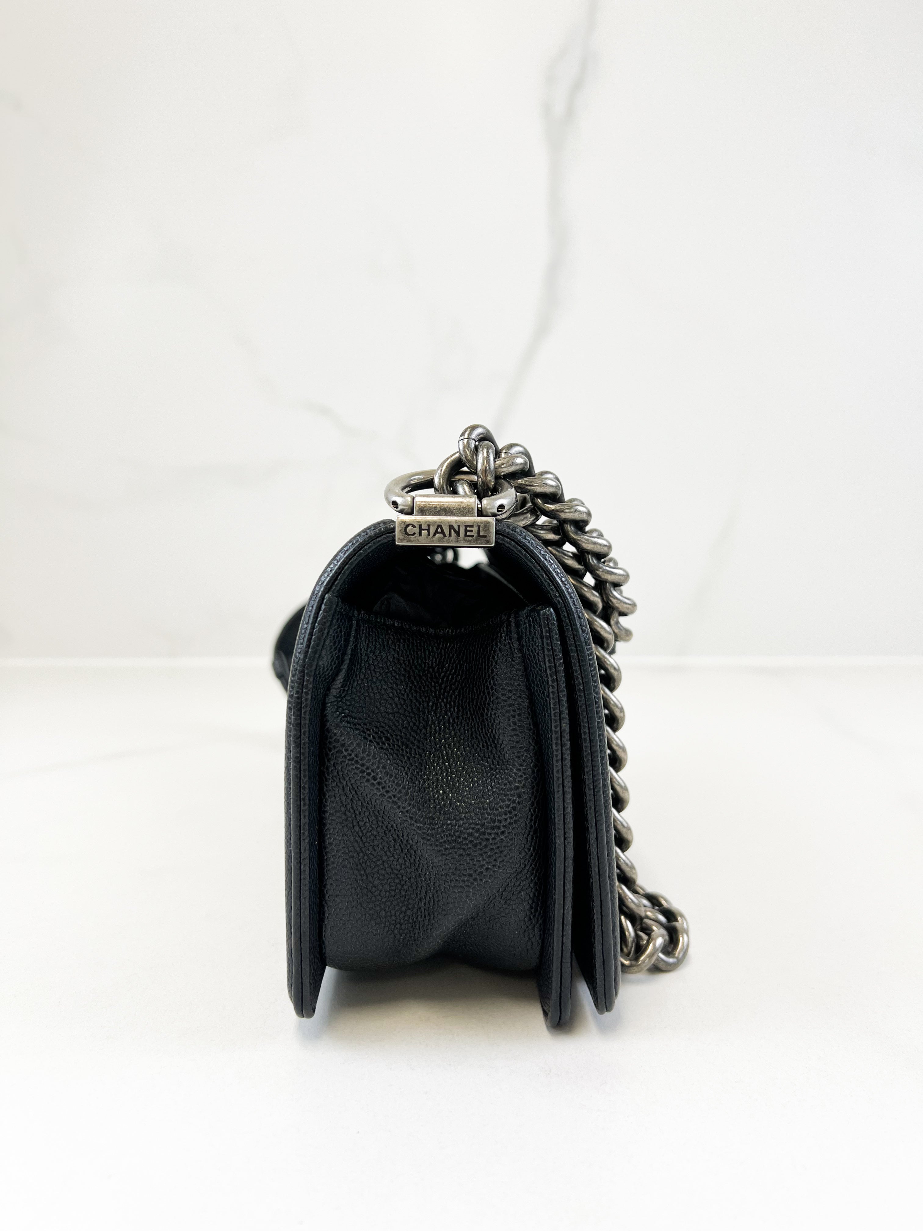 Chanel Caviar Small Chevron Boy Bag with Ruthenium Hardware