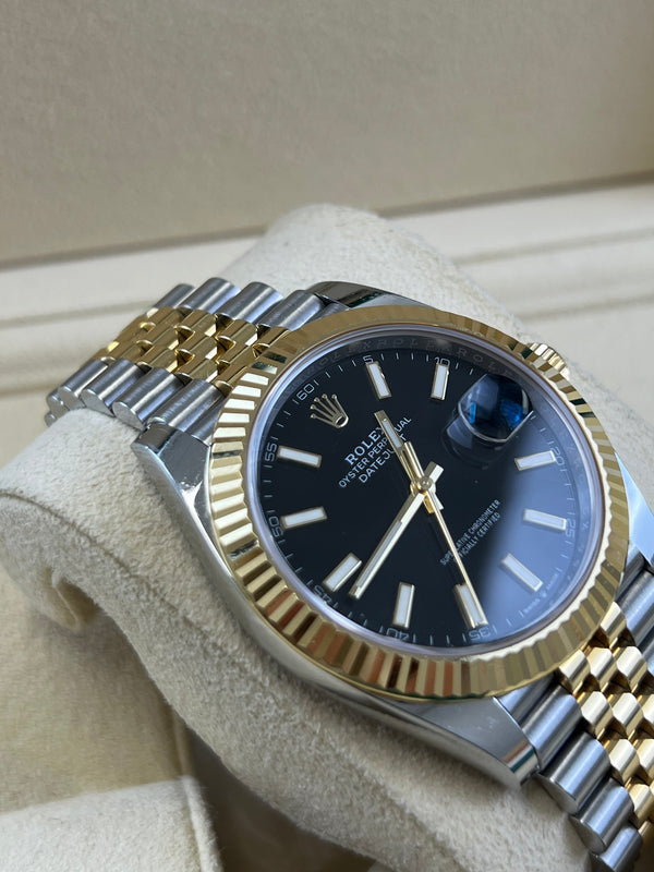 Rolex Datejust 41mm Fluted Bezel Jubilee Bracelet Black Face Stick Dial