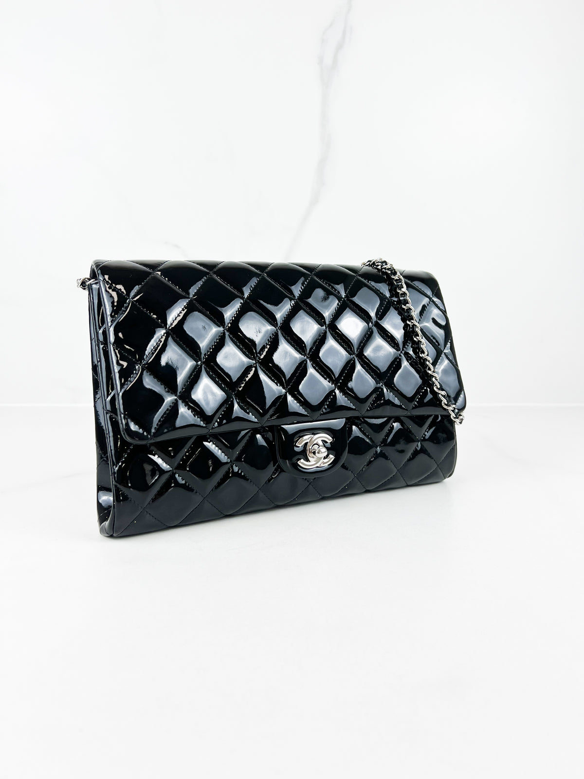 Chanel Black Quilted Patent Leather Clutch-with-Chain SHW