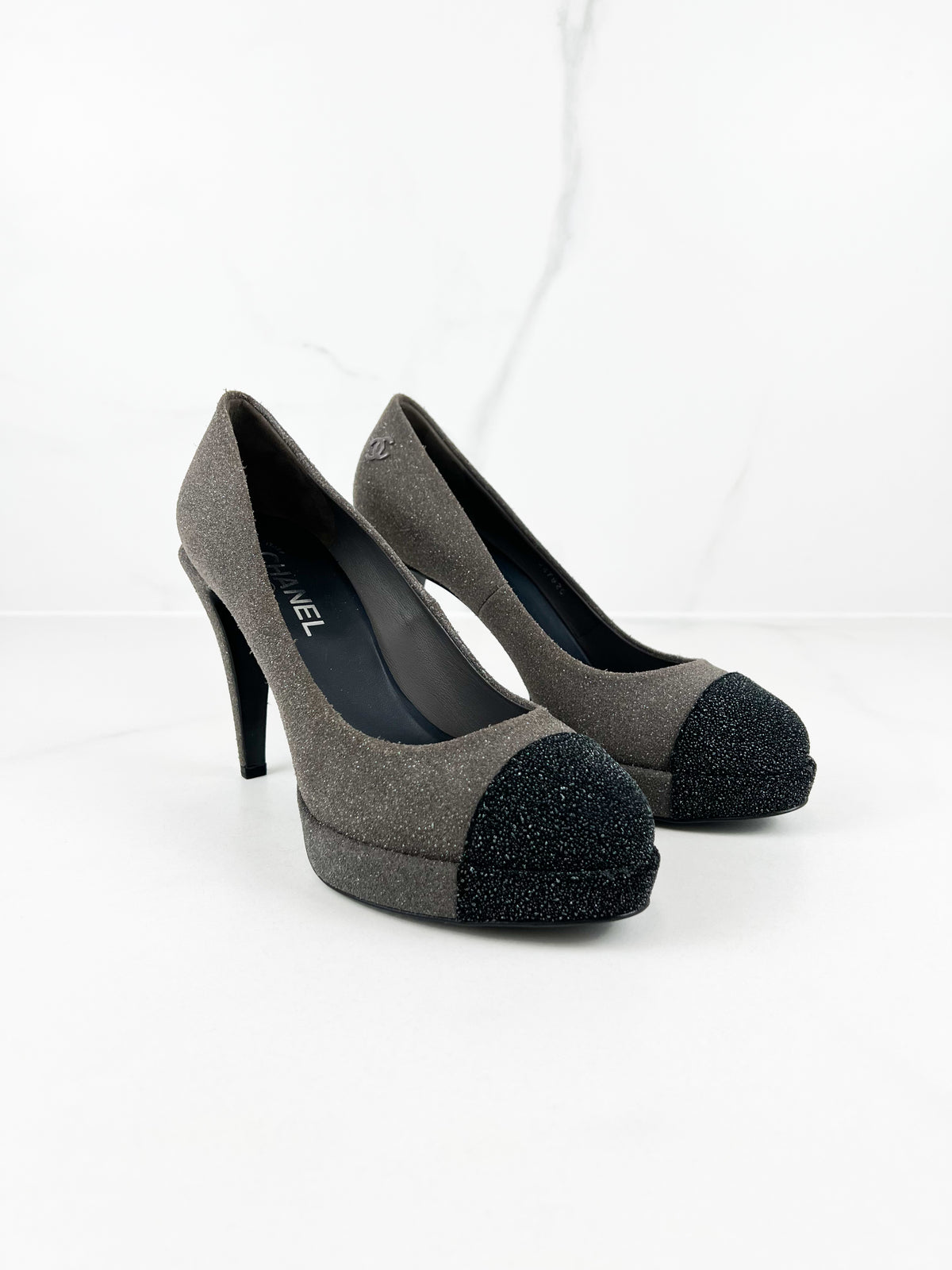 Chanel Black and Grey Glitter Cap-Toe Platform Pumps in Size 39.5