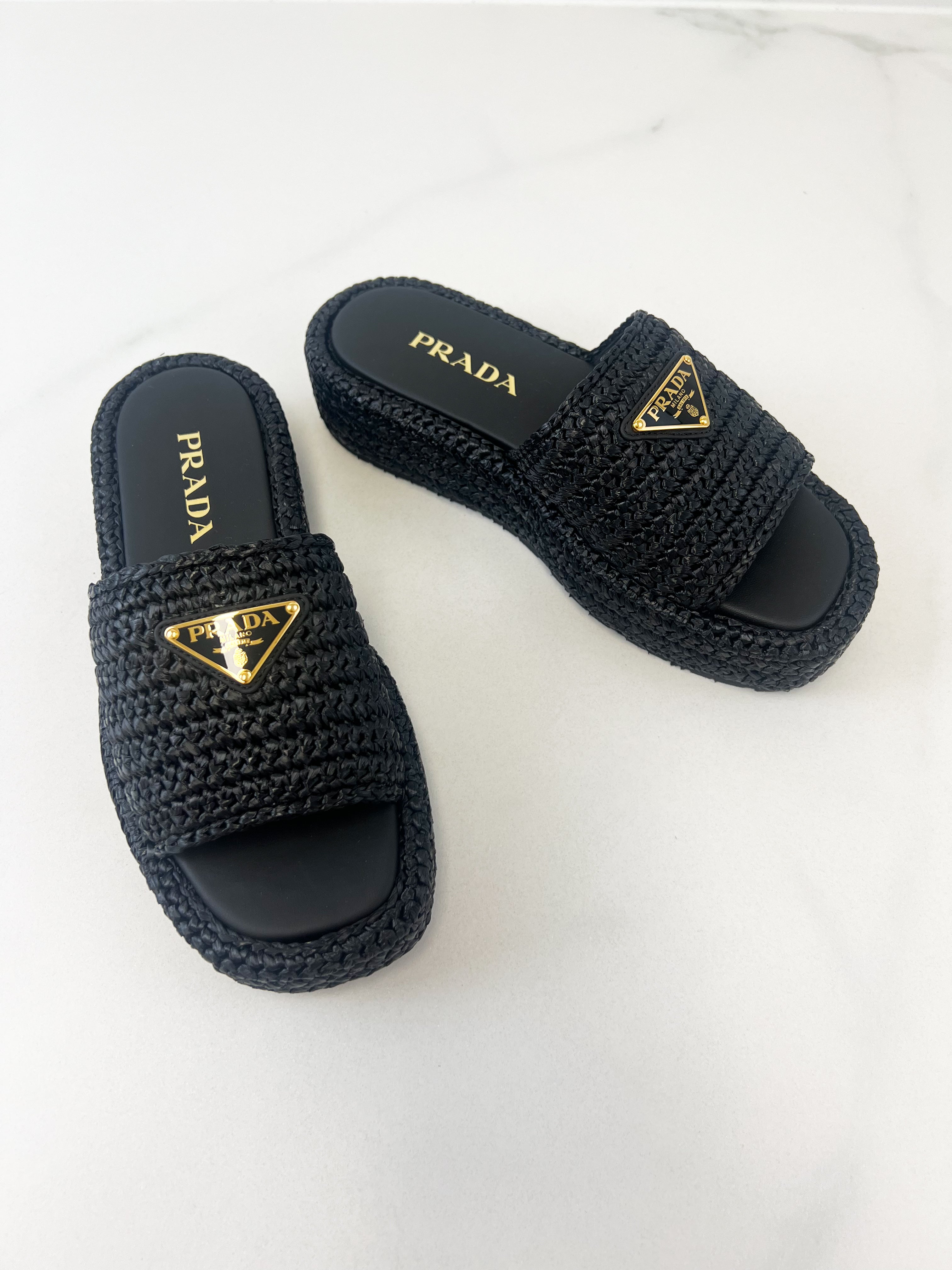 Prada Woven Flatform Sandals in Black Size 37