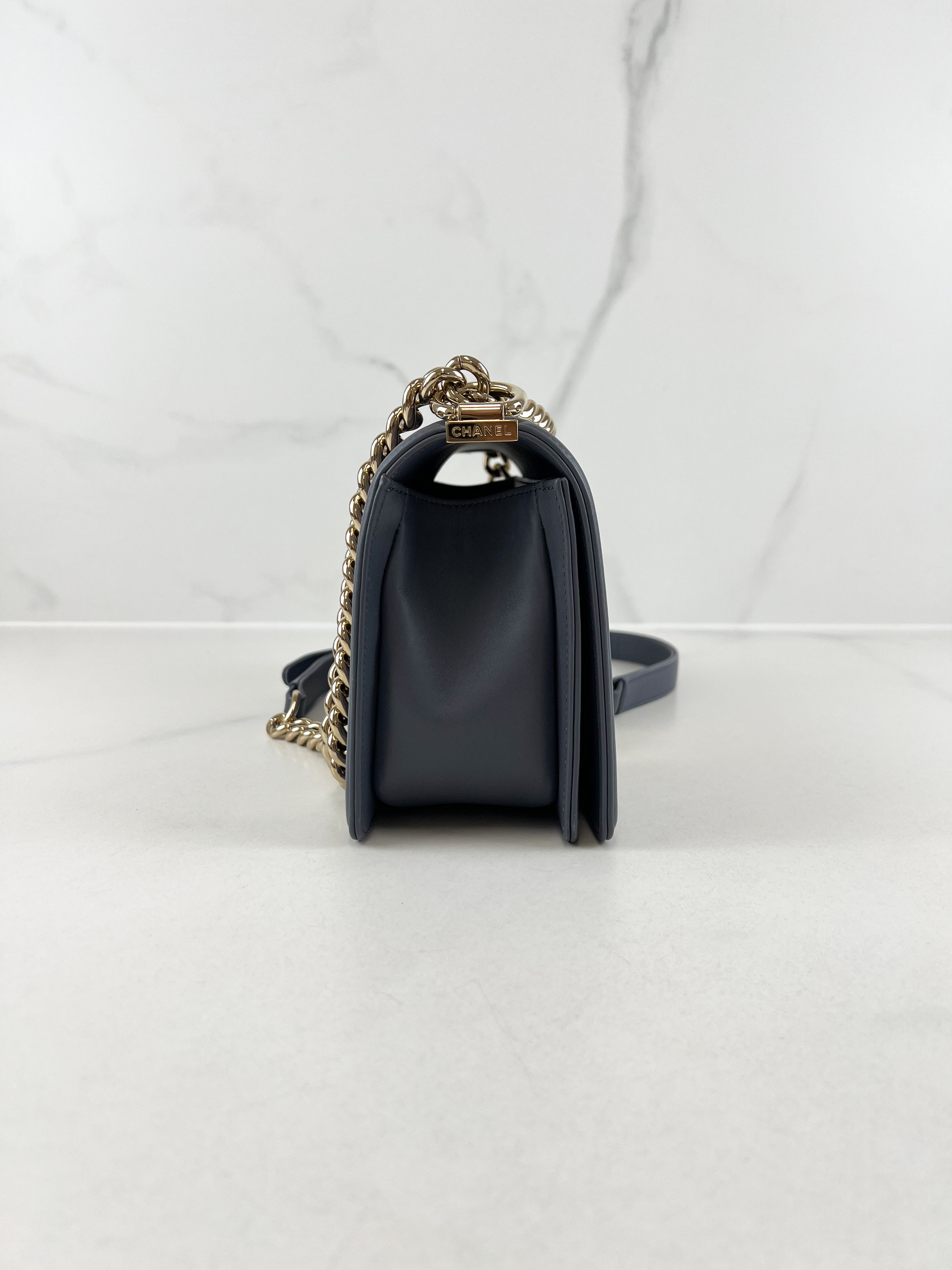 Chanel Charcoal Grey Old Medium Chevron Lambskin Boy Bag with Light Champagne GHW