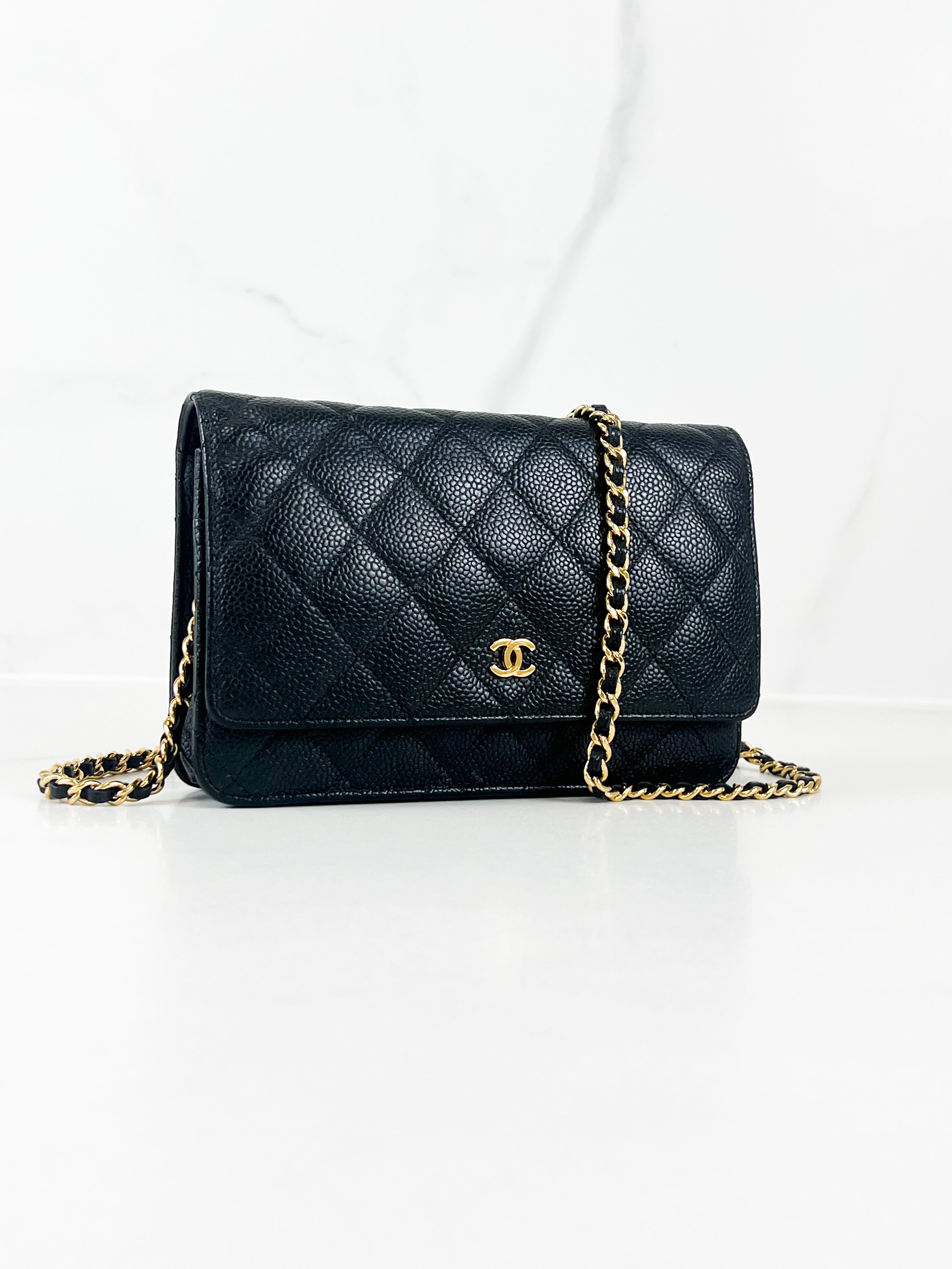 Chanel Black Caviar CC Classic Wallet On Chain GHW