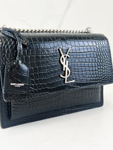 Saint Laurent Sunset Medium Black Croc Shoulder Bag with SHW
