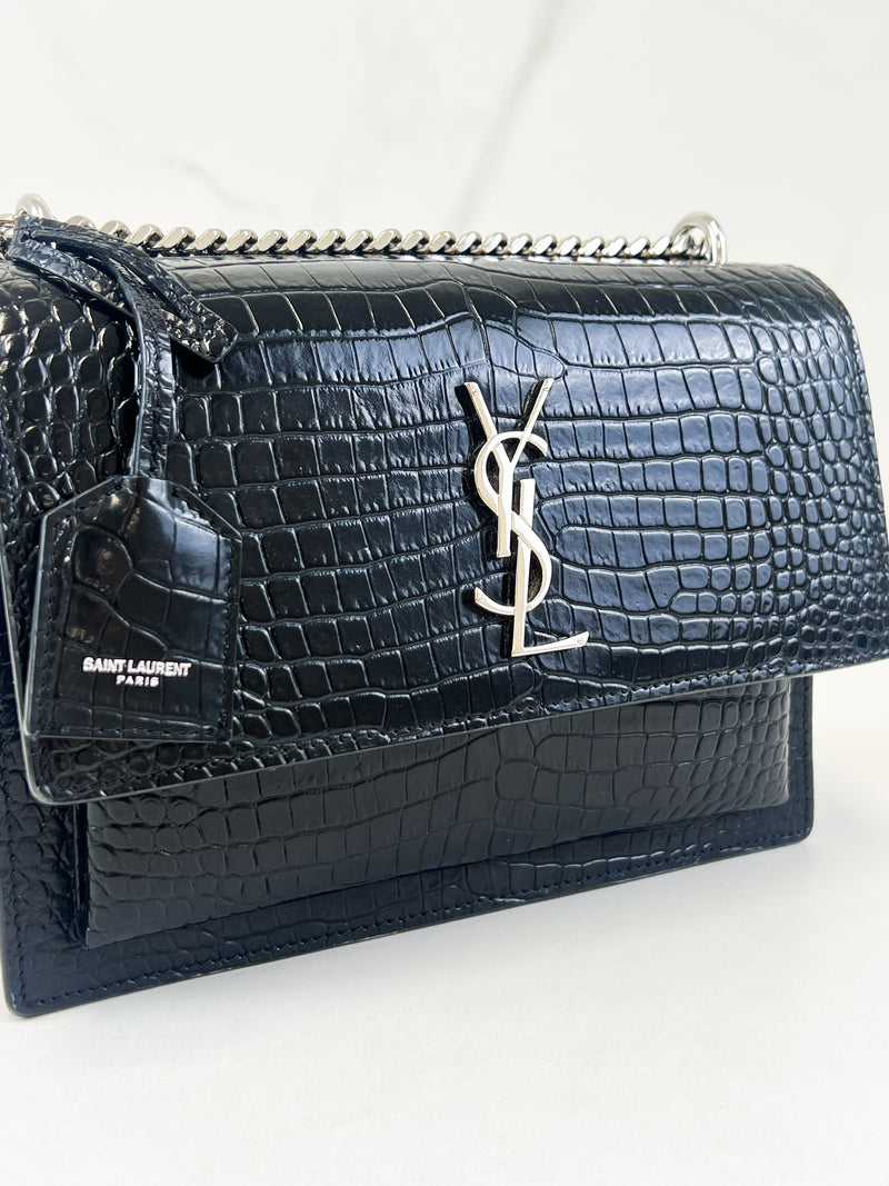 Saint Laurent Sunset Medium Black Croc Shoulder Bag with SHW