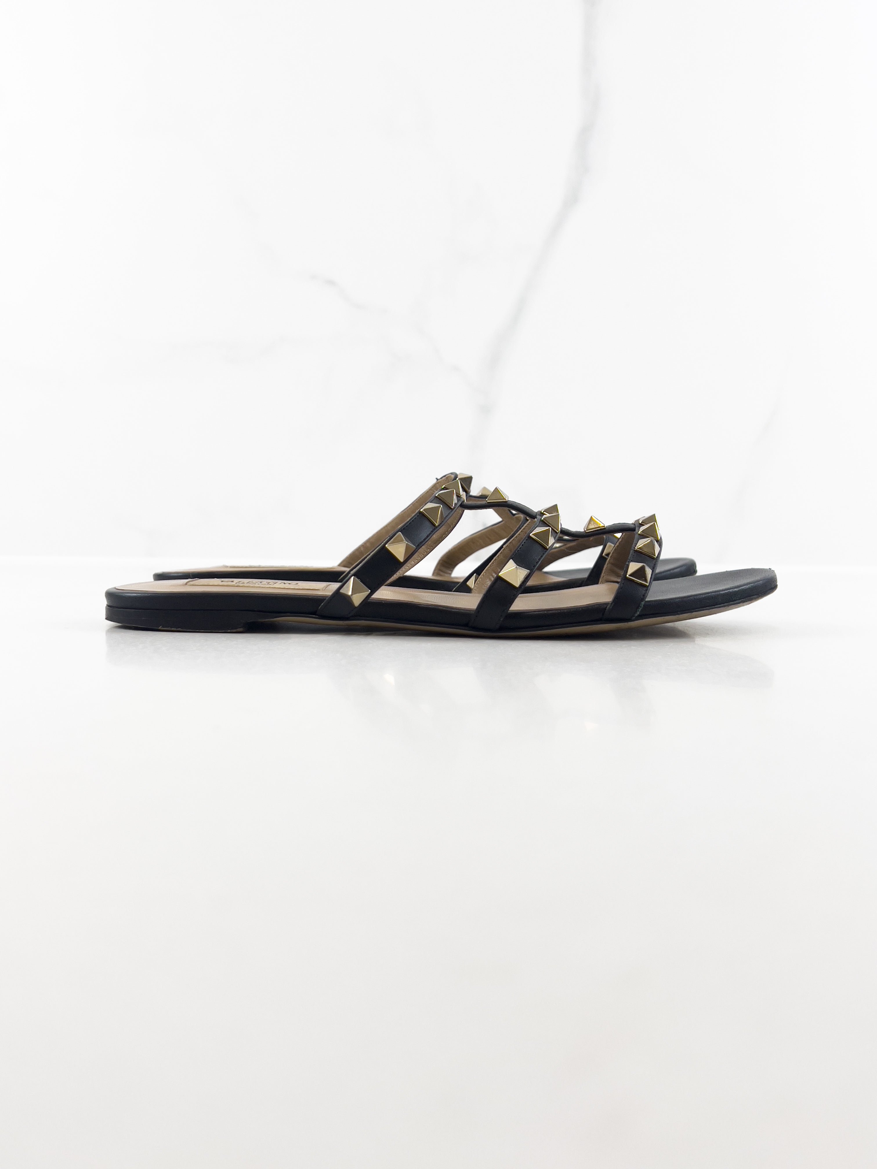 Valentino Garavani Caged Black Rockstud Slides Size 37