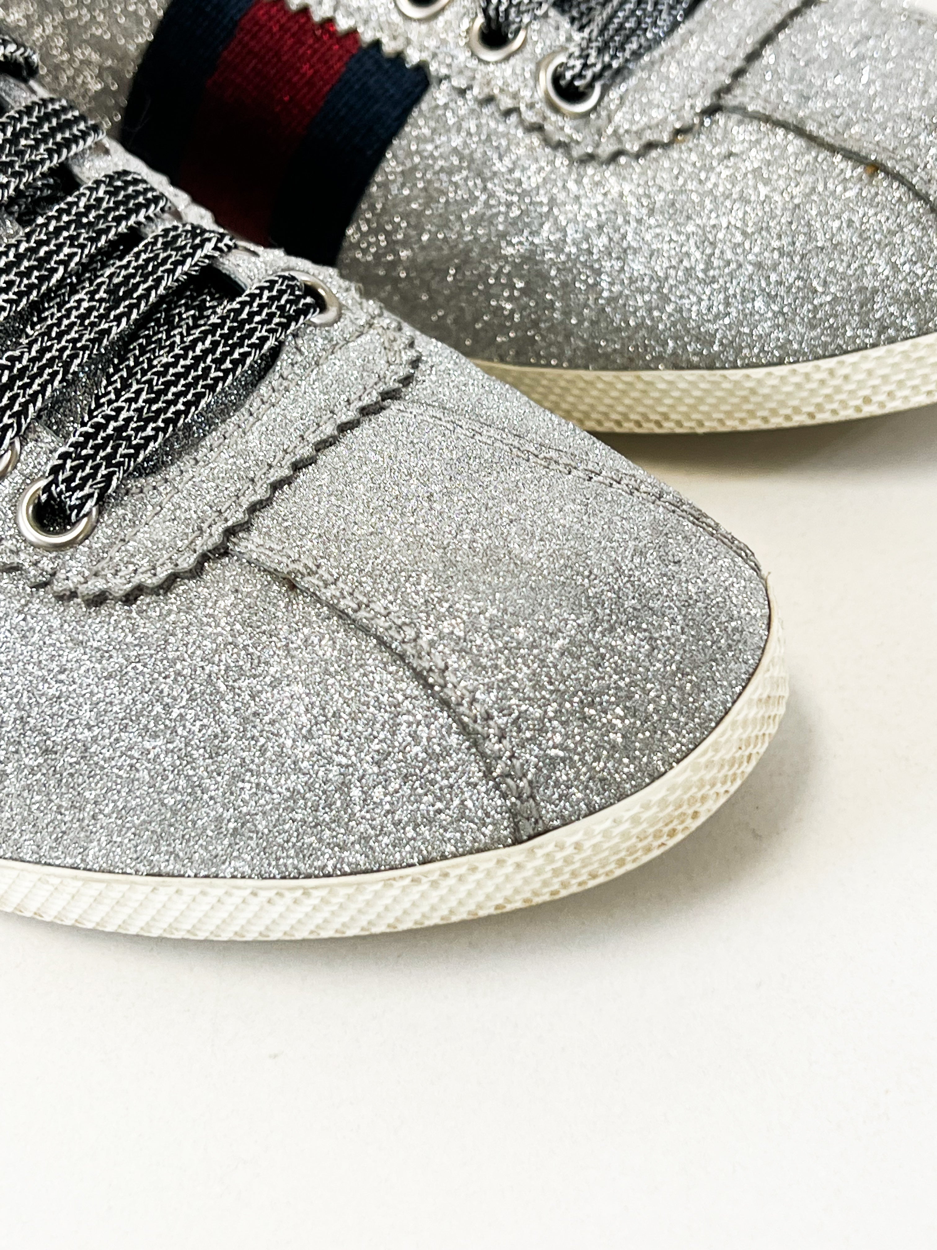Gucci Bambi Silver Glitter GG Web Sneaker Size 37.5