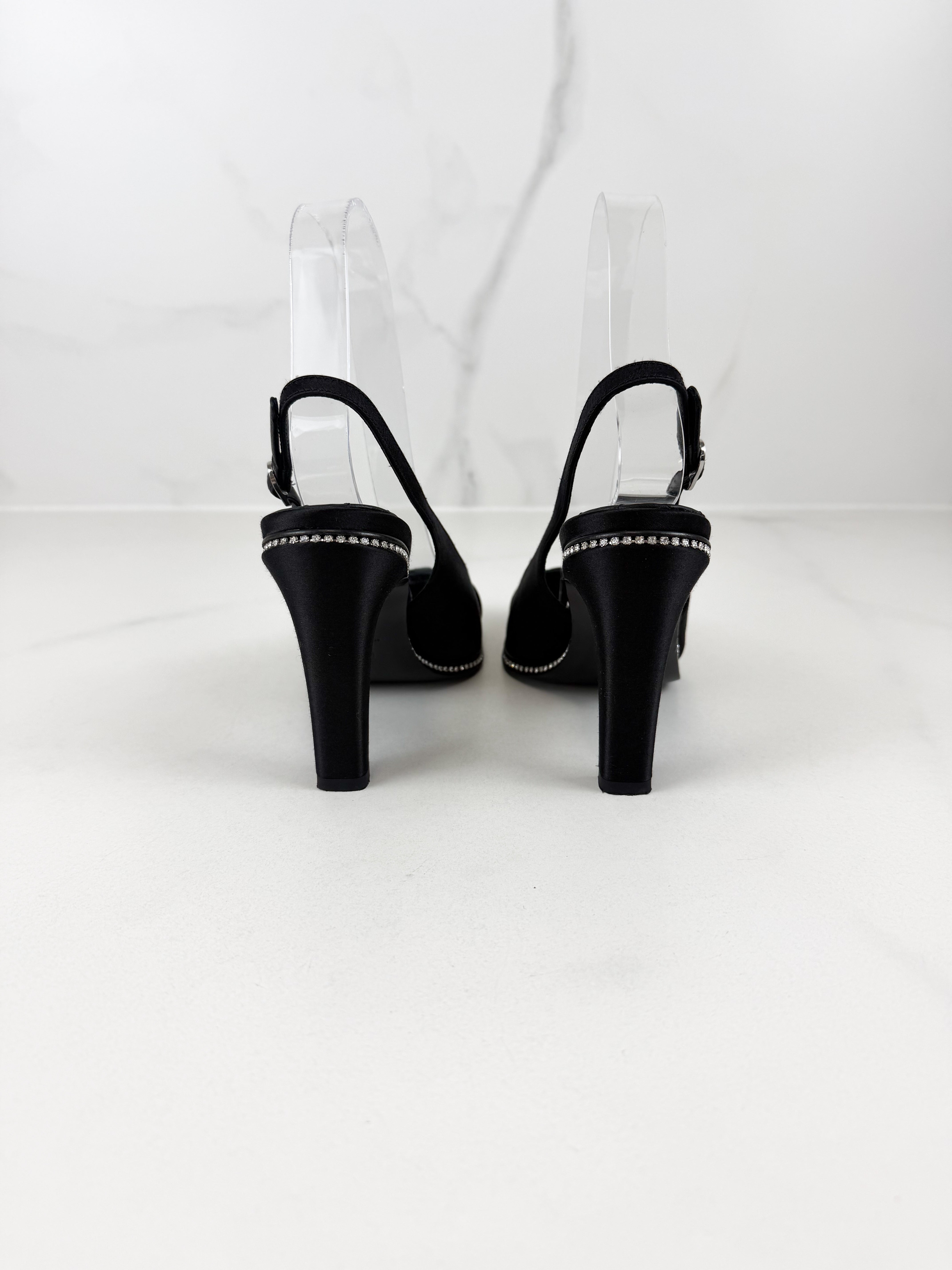 Chanel CC Logo Black Satin Slingback Pumps with Rhinestone Trim Size 36C