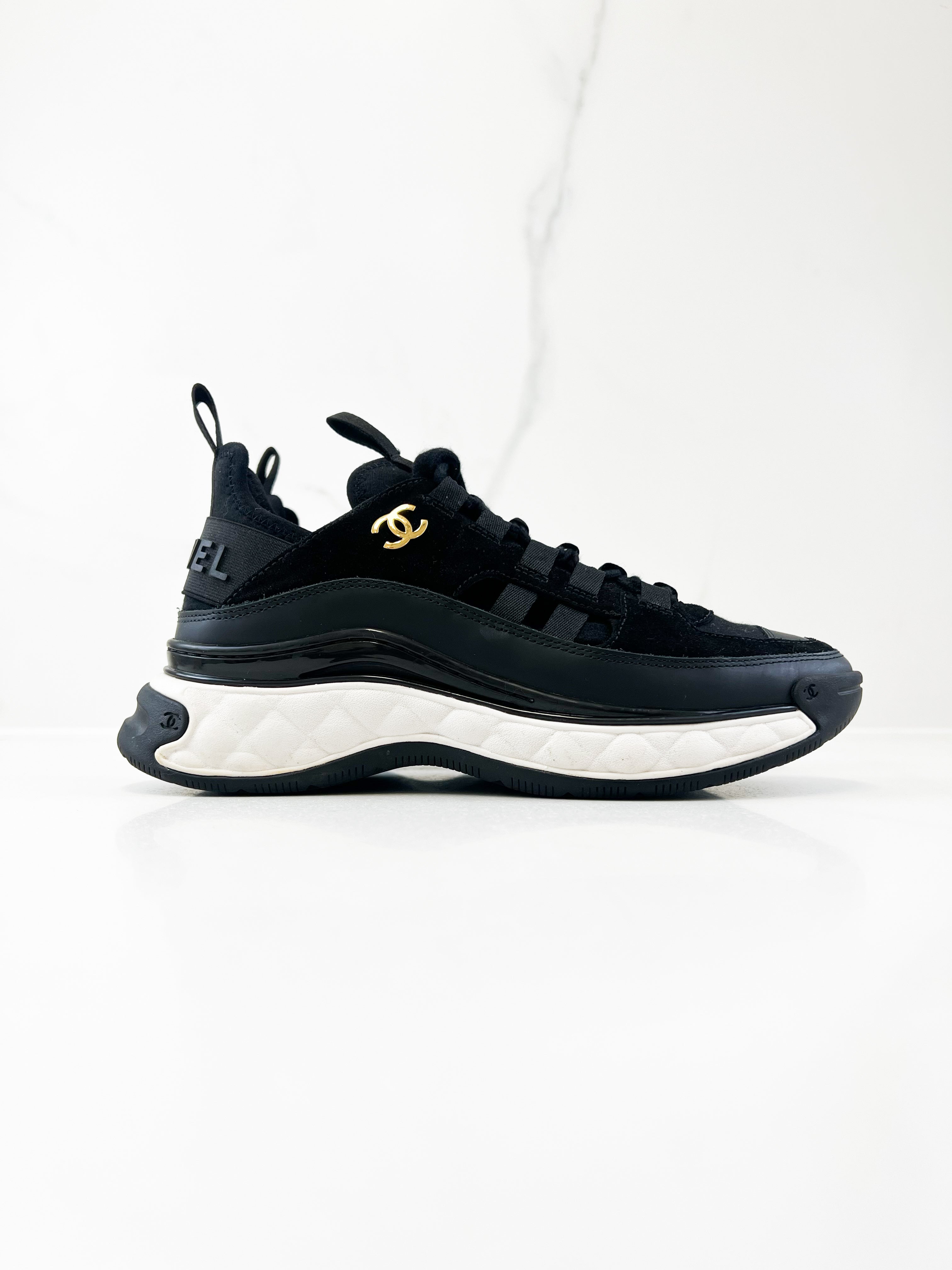 Chanel Black CC Logo Leather Sneaker Size 36