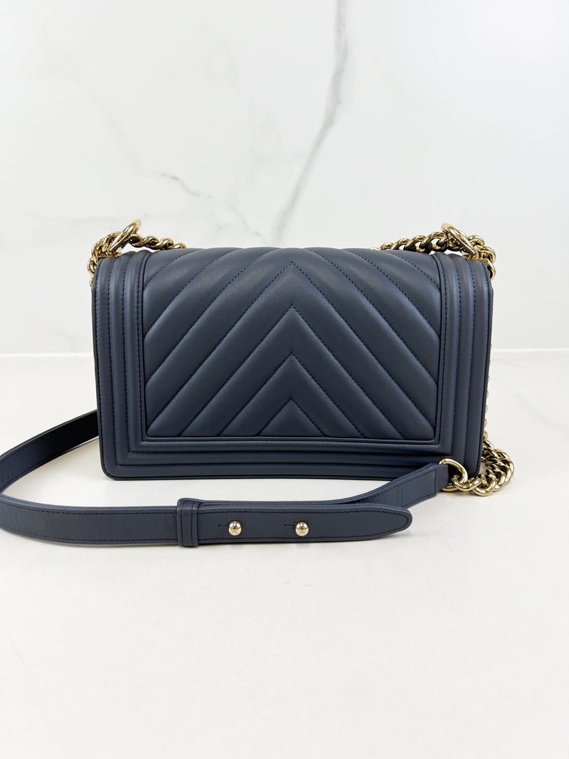 Chanel Charcoal Grey Old Medium Chevron Lambskin Boy Bag with Light Champagne GHW