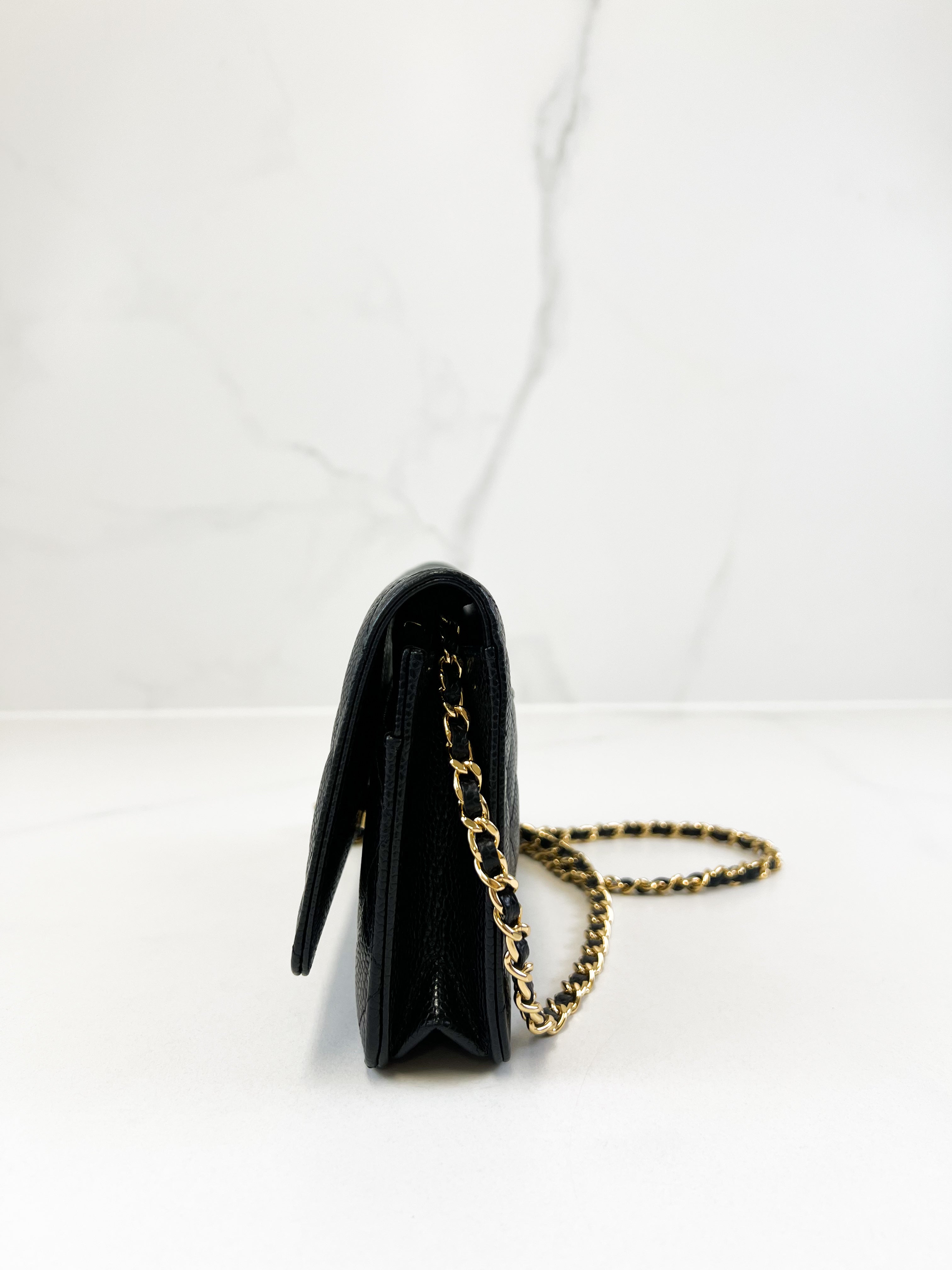 Chanel Black Caviar CC Classic Wallet On Chain GHW