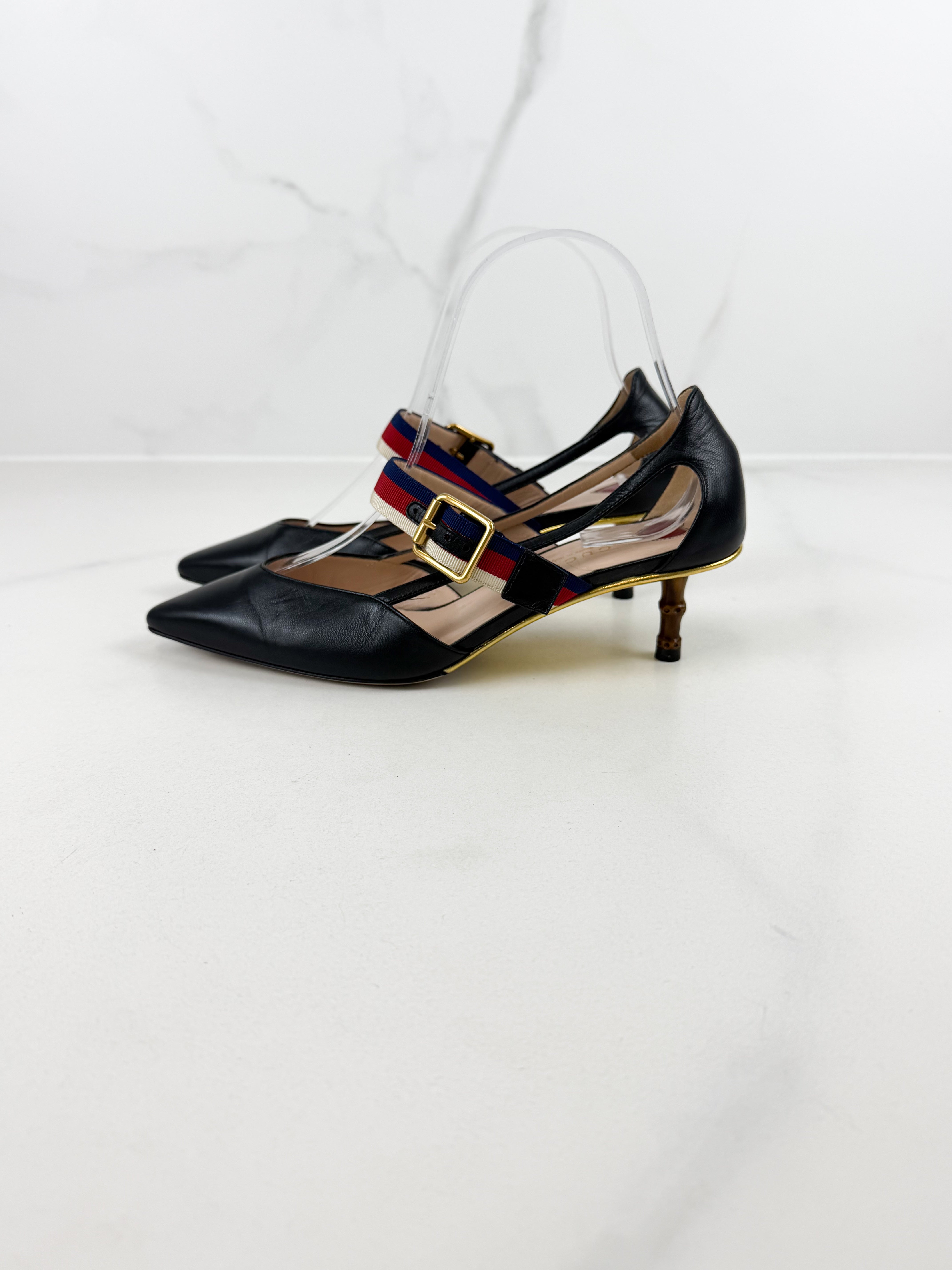 Gucci Unia Pump in Black with Bamboo Kitten Heel Size 35.5