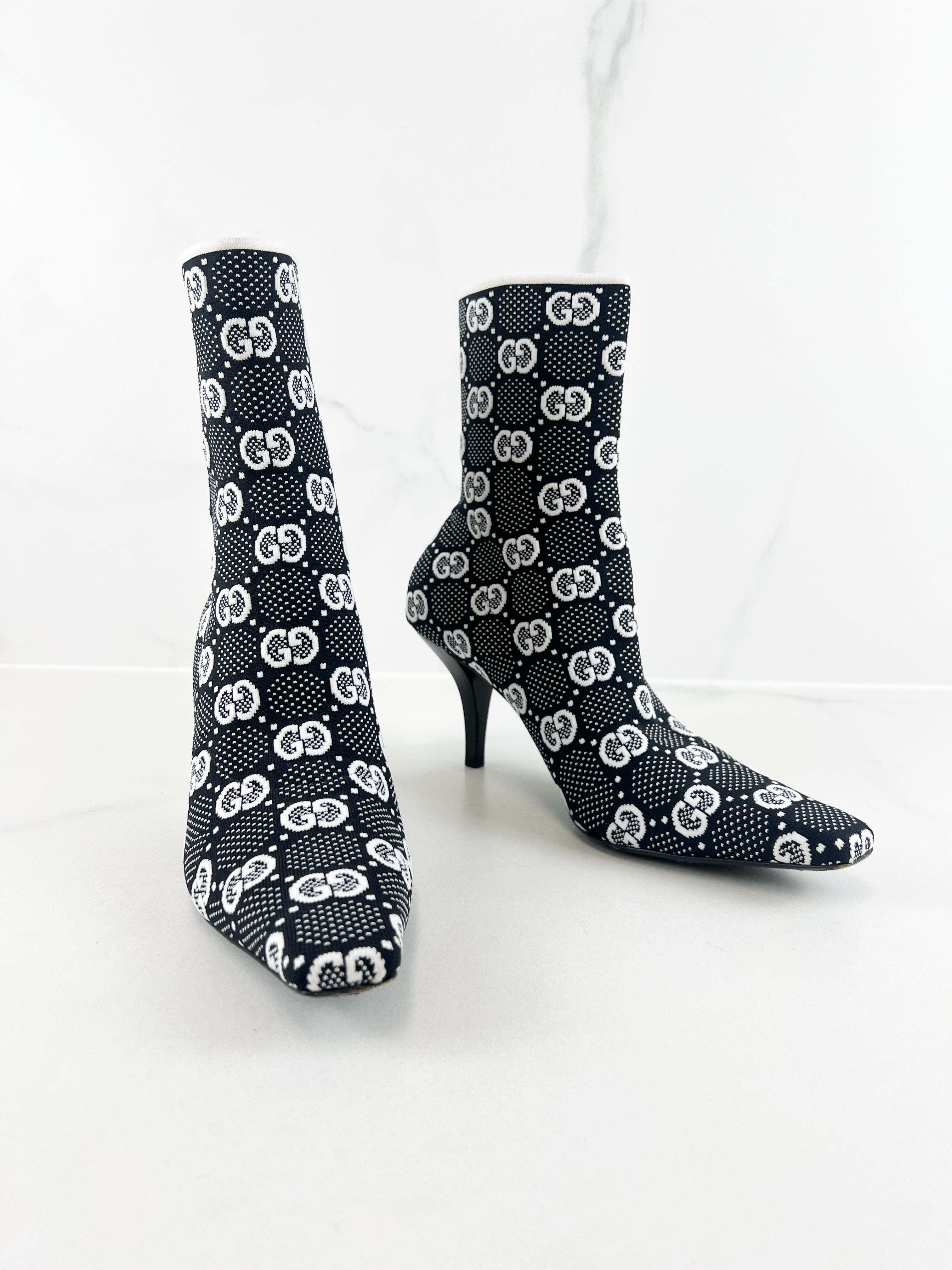 Gucci GG Logo Knit Ankle Boots in Black & White Size 39