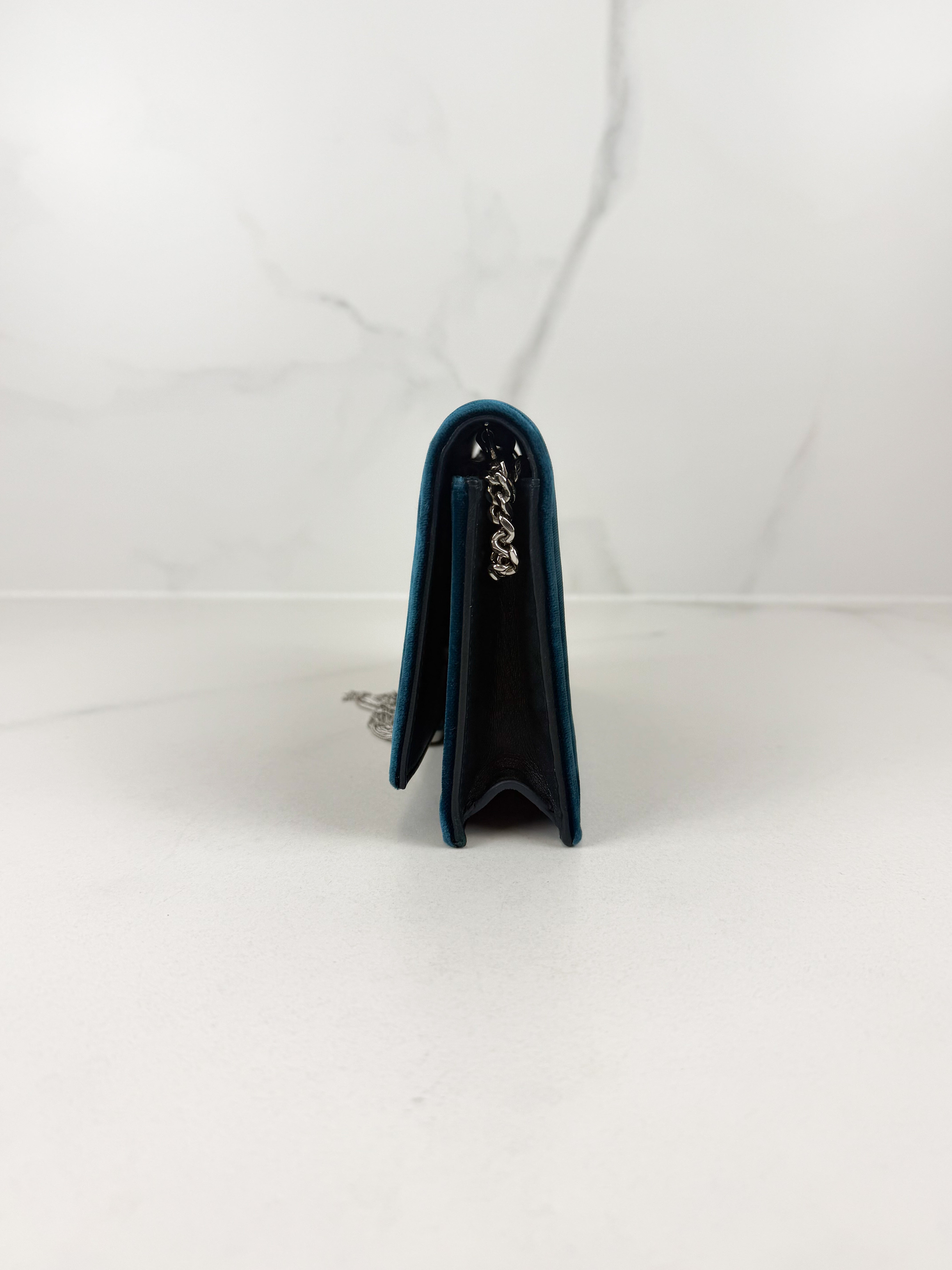 Saint Laurent Velvet Crystal Monogram Kate Tassel Chain Wallet in Blue