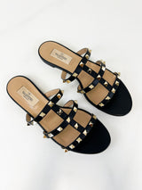 Valentino Garavani Caged Black Rockstud Slides Size 37
