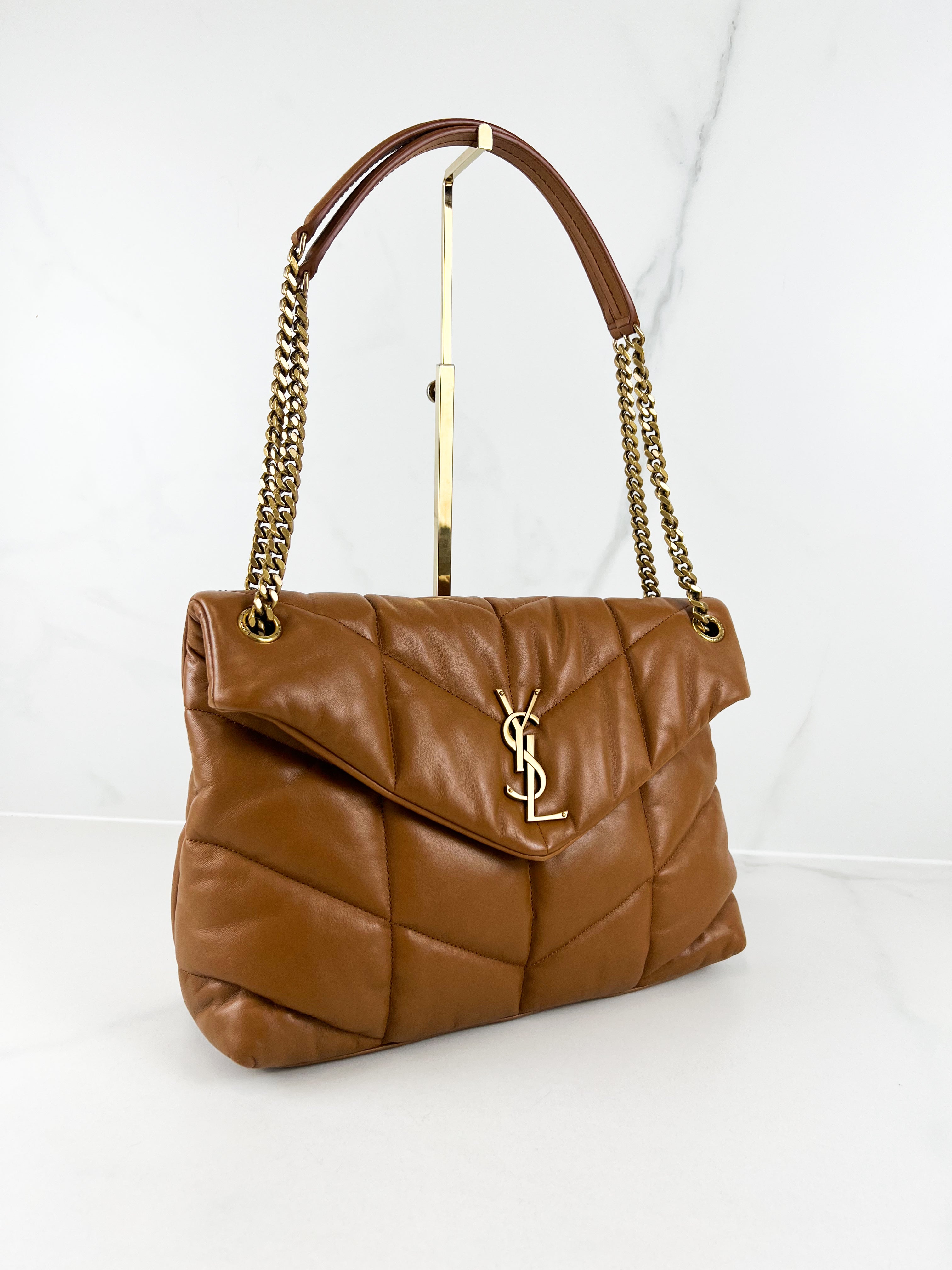 Saint Laurent Loulou Puffer Shoulder Bag in Brown Lambskin