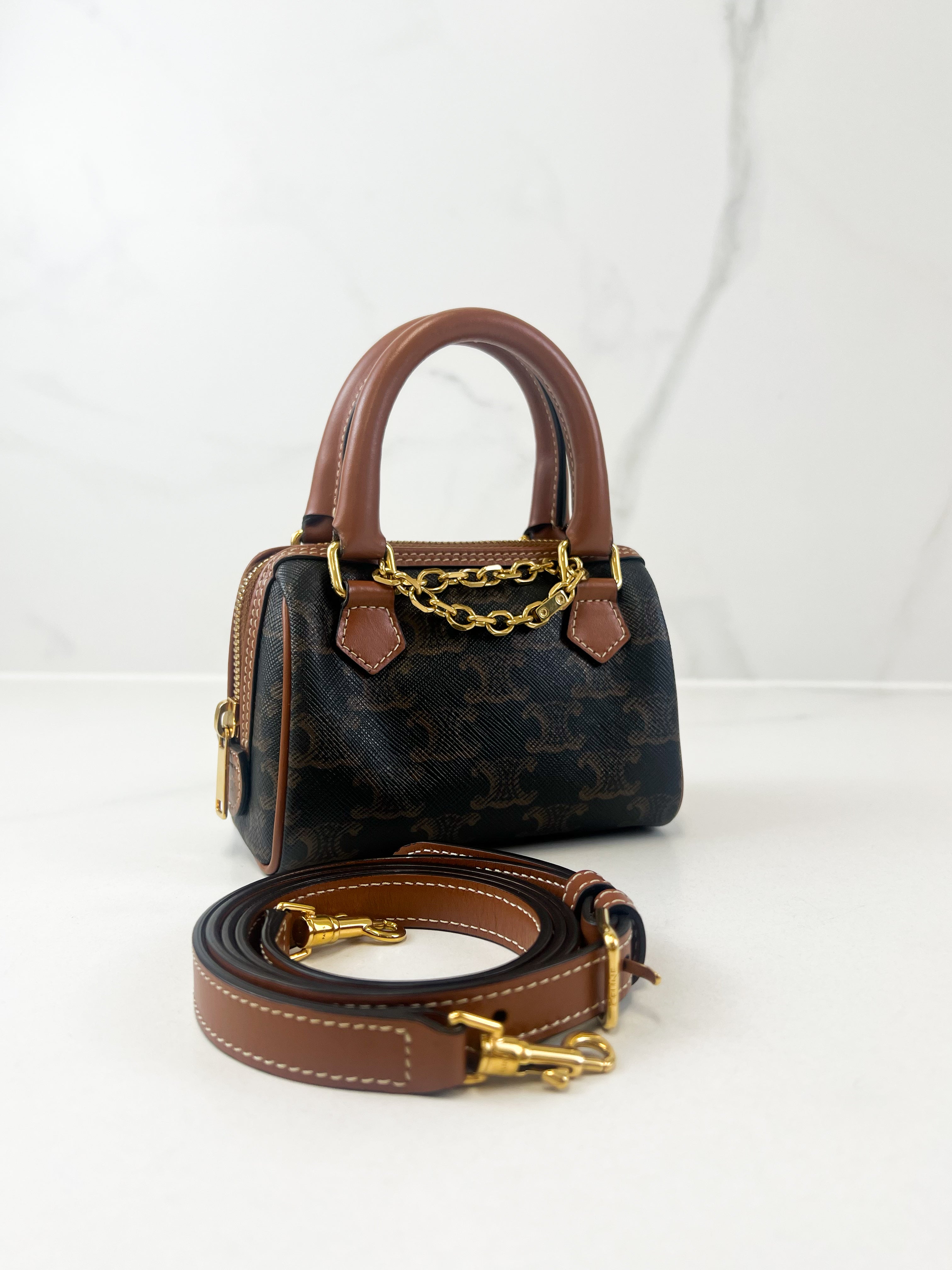 Celine Mini Boston In Triomphe Canvas and Calfskin