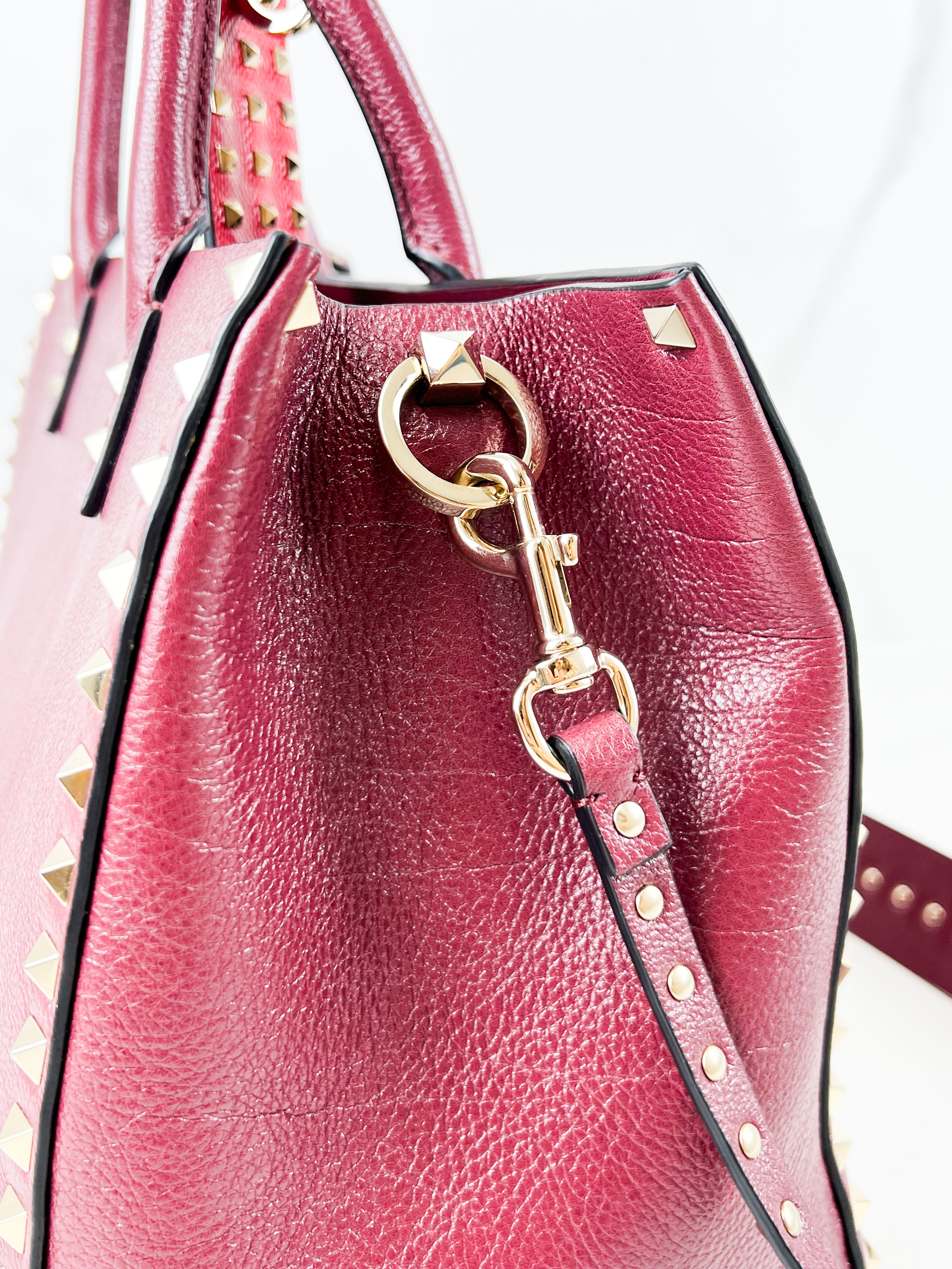 Valentino Garavani Burgundy Rockstud Leather Tote