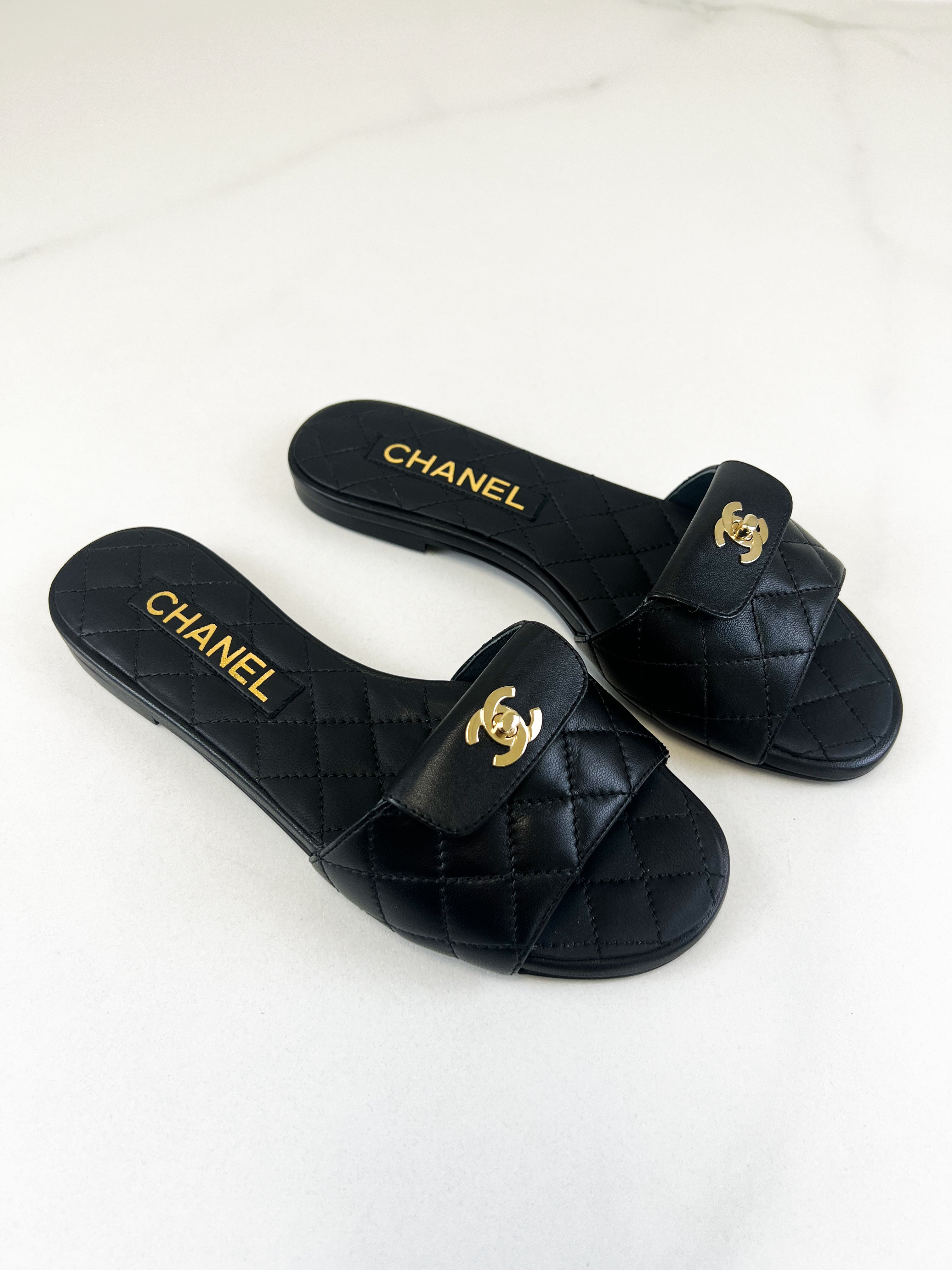 Chanel Black Quilted Leather Slides Size 36C