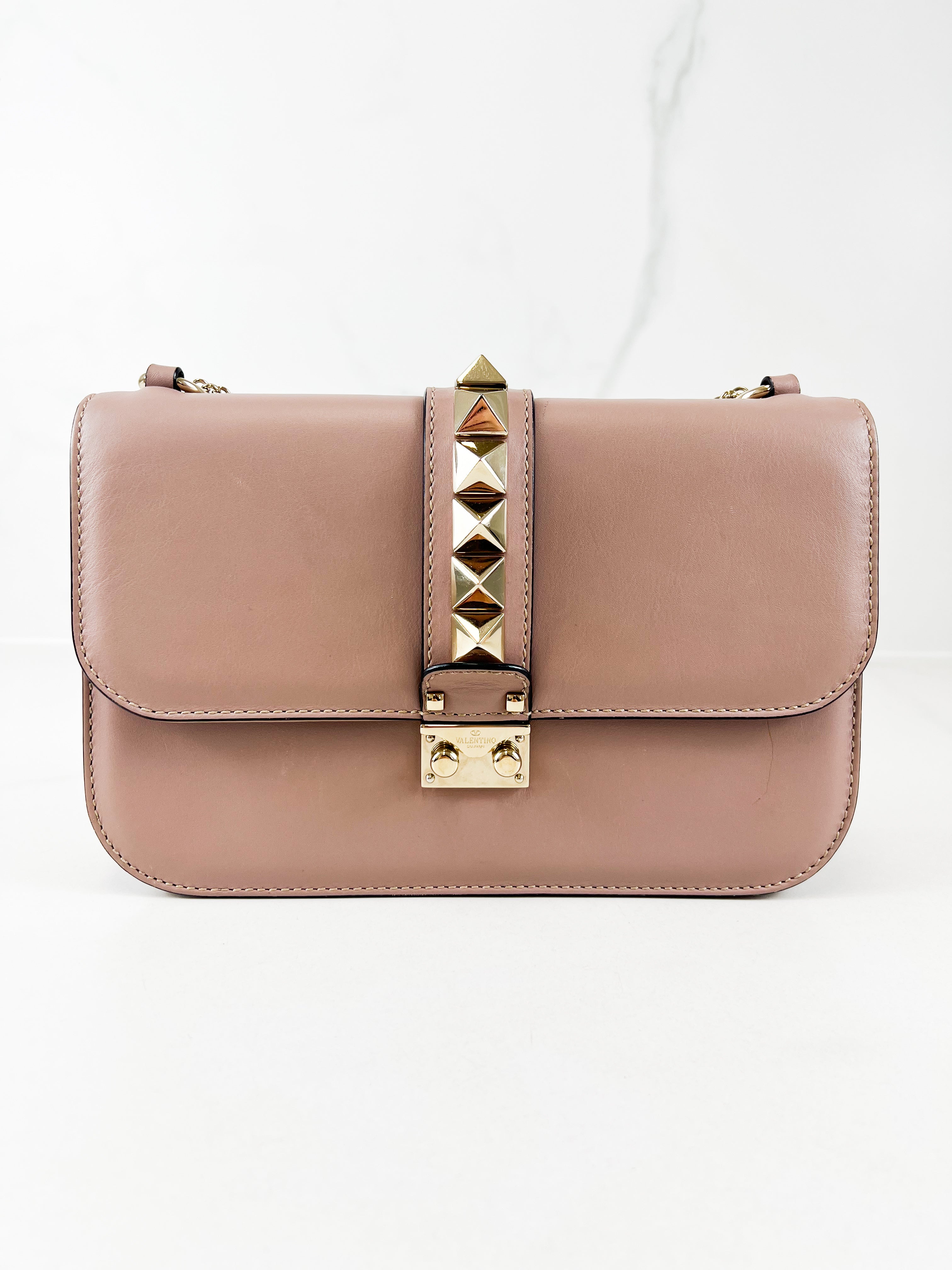 Valentino Garavani Pink/Beige Vitello Medium Glam Lock Rockstud Flap Bag
