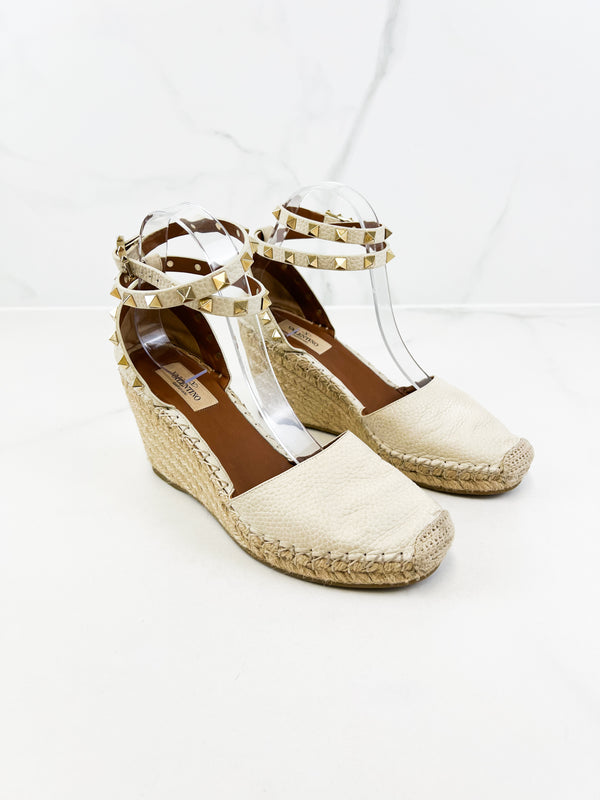 Valentino Garavani Rockstud Leather Wedge Espadrilles Size 38
