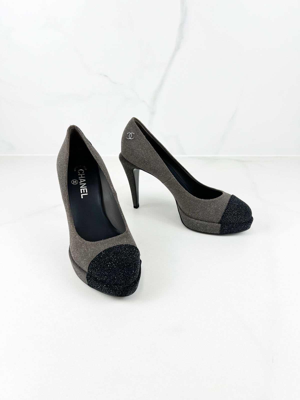 Chanel Black and Grey Glitter Cap-Toe Platform Pumps in Size 39.5
