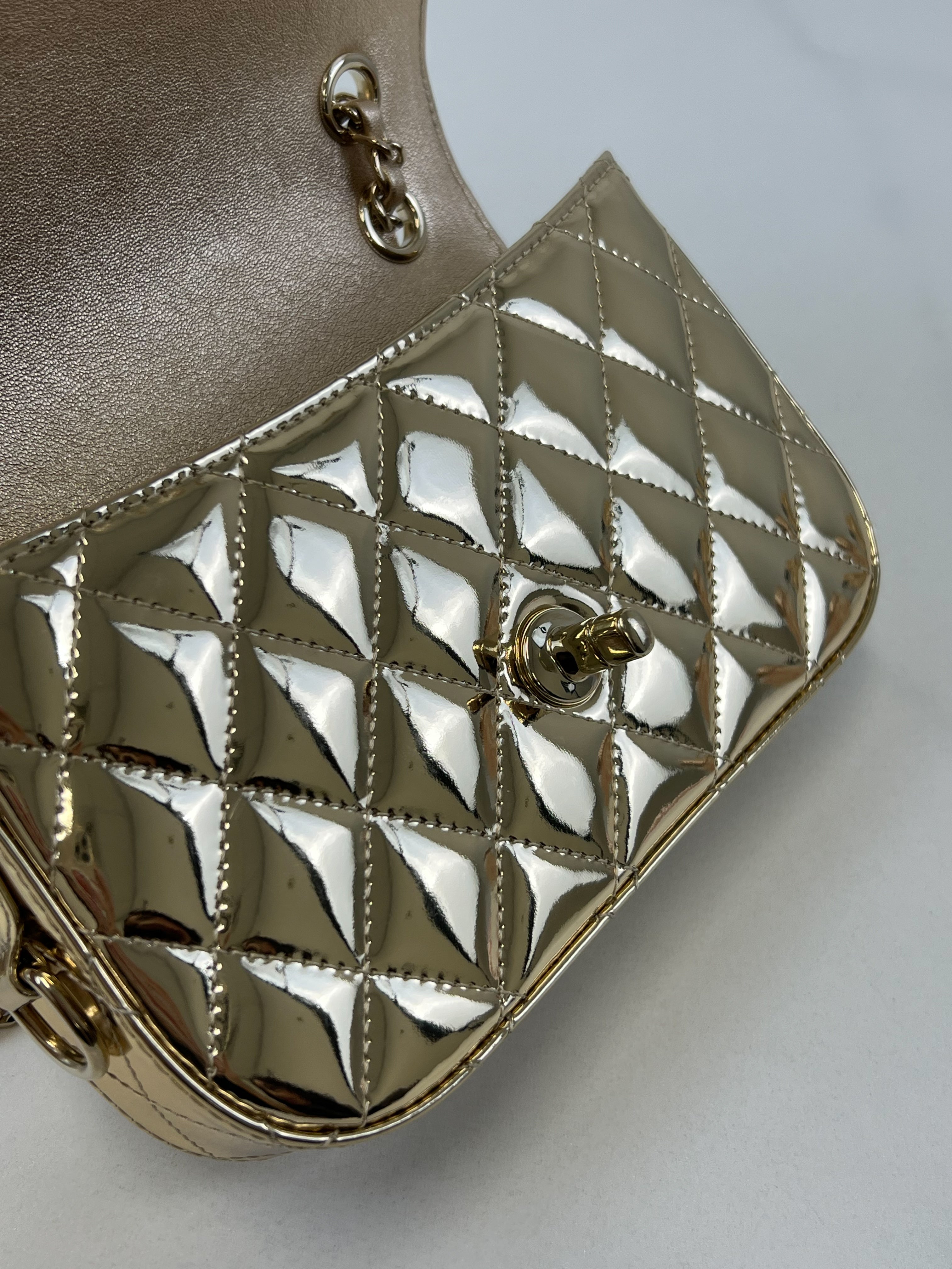 Chanel Patent Mini Square in Gold with GHW