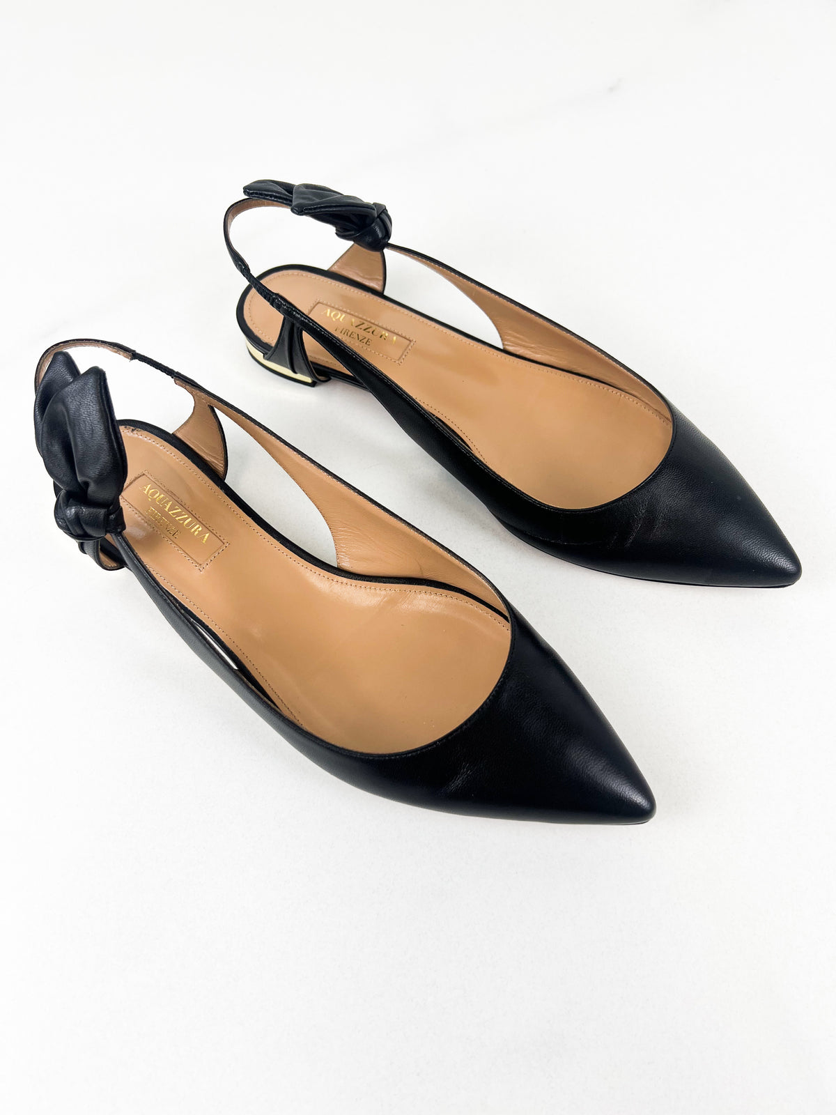 Aquazzura Bow Tie Ballet Flat in Black Leather Size 37