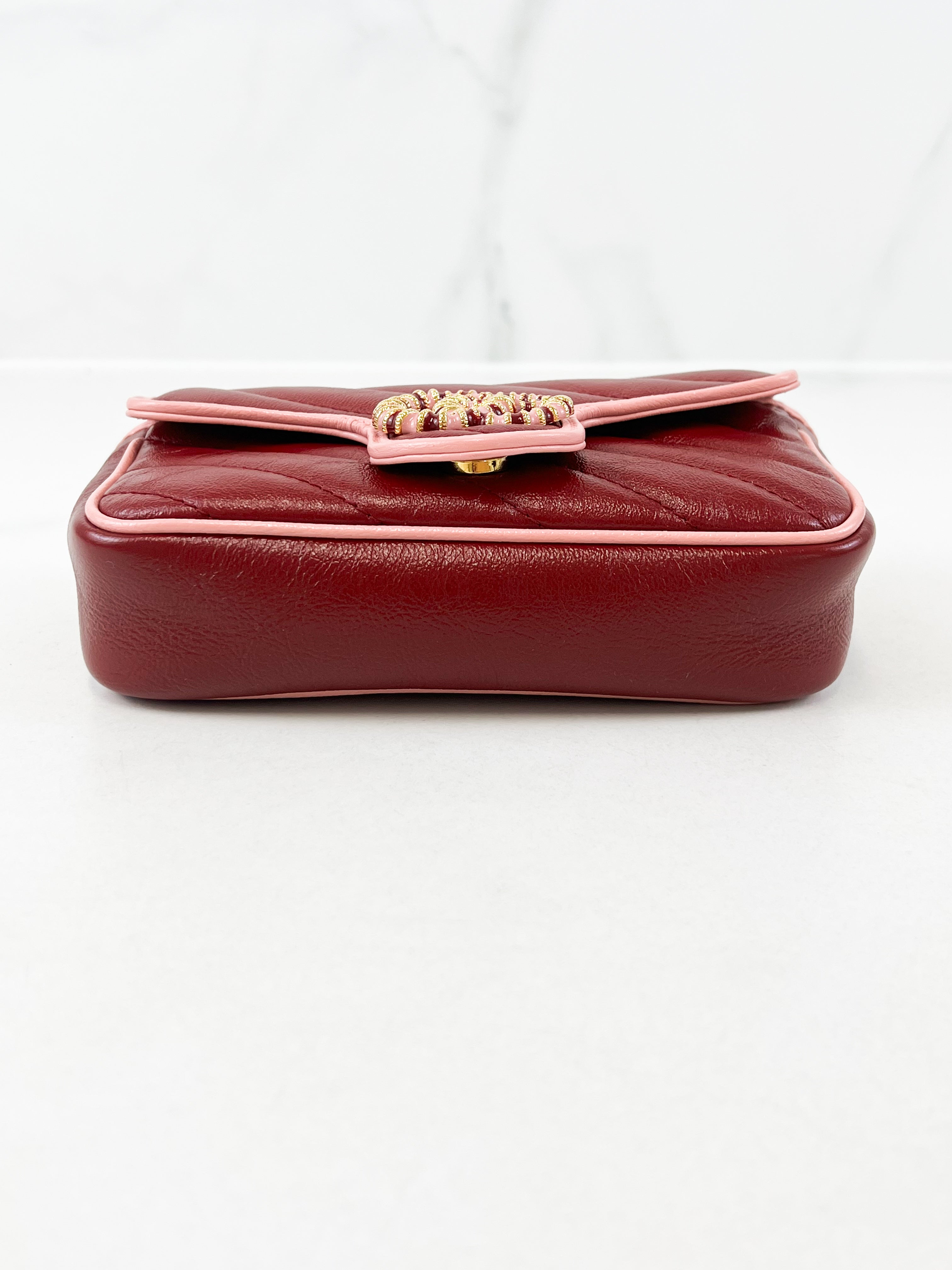 Gucci Super Mini Marmont in Red/Burgundy Matelassé Leather with Light Pink Piping