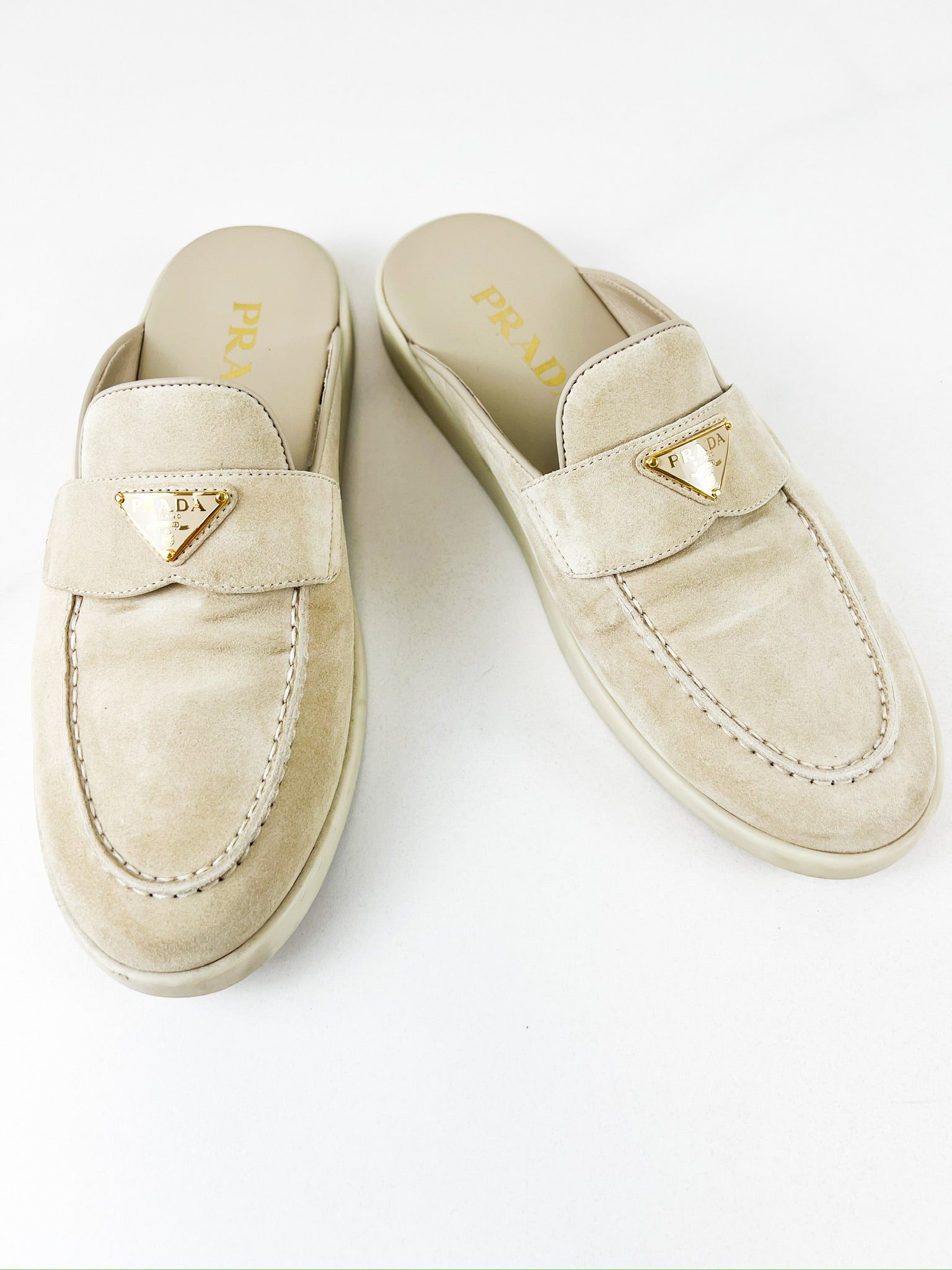Prada Beige Suede Logo Mules Size 38