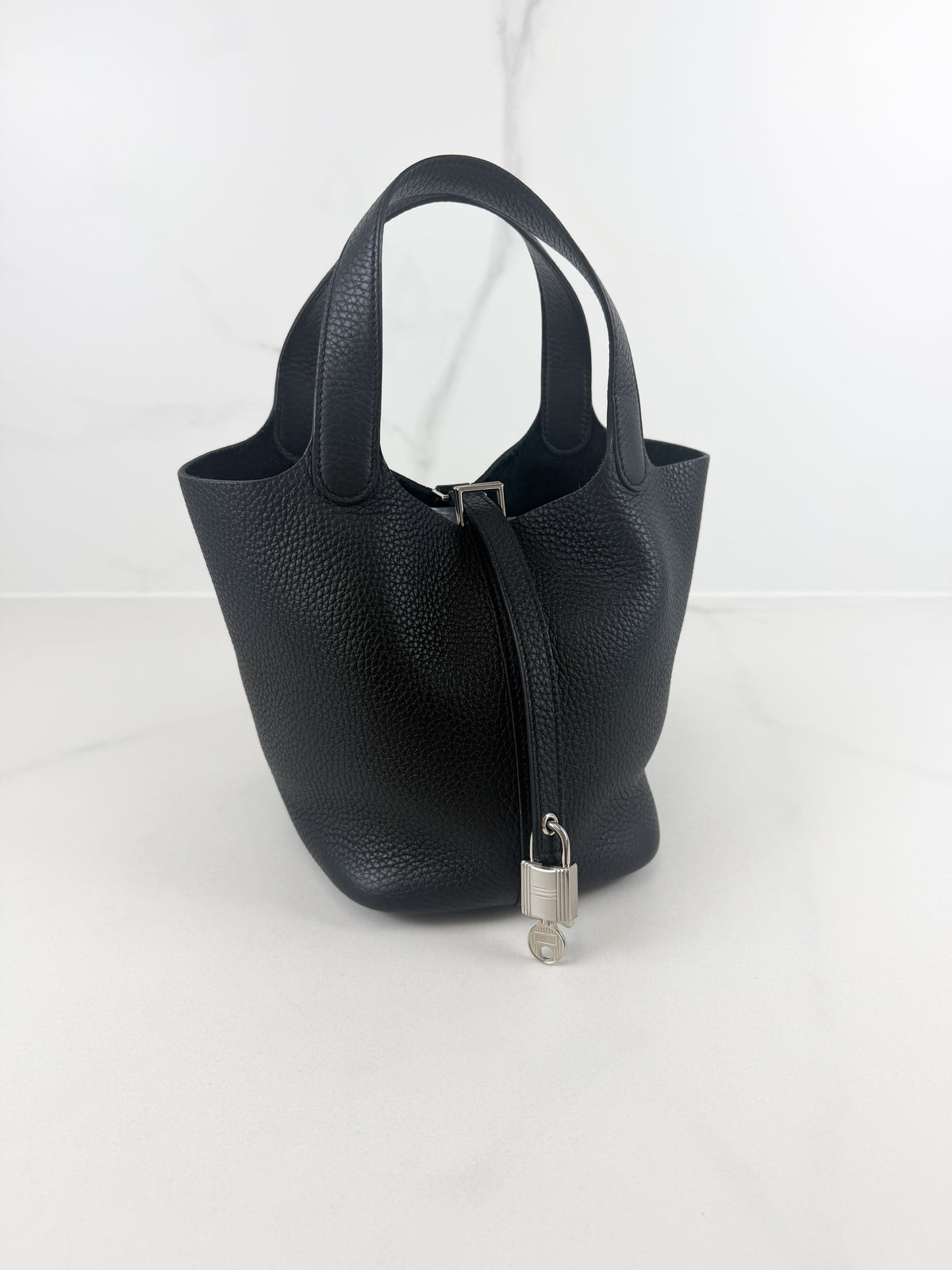 Hermes Picotin 22 Lock Textured Grained Black Leather